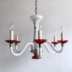 Early 1900s White Glass Swan Neck Chandelier with Red Bobéche Pans