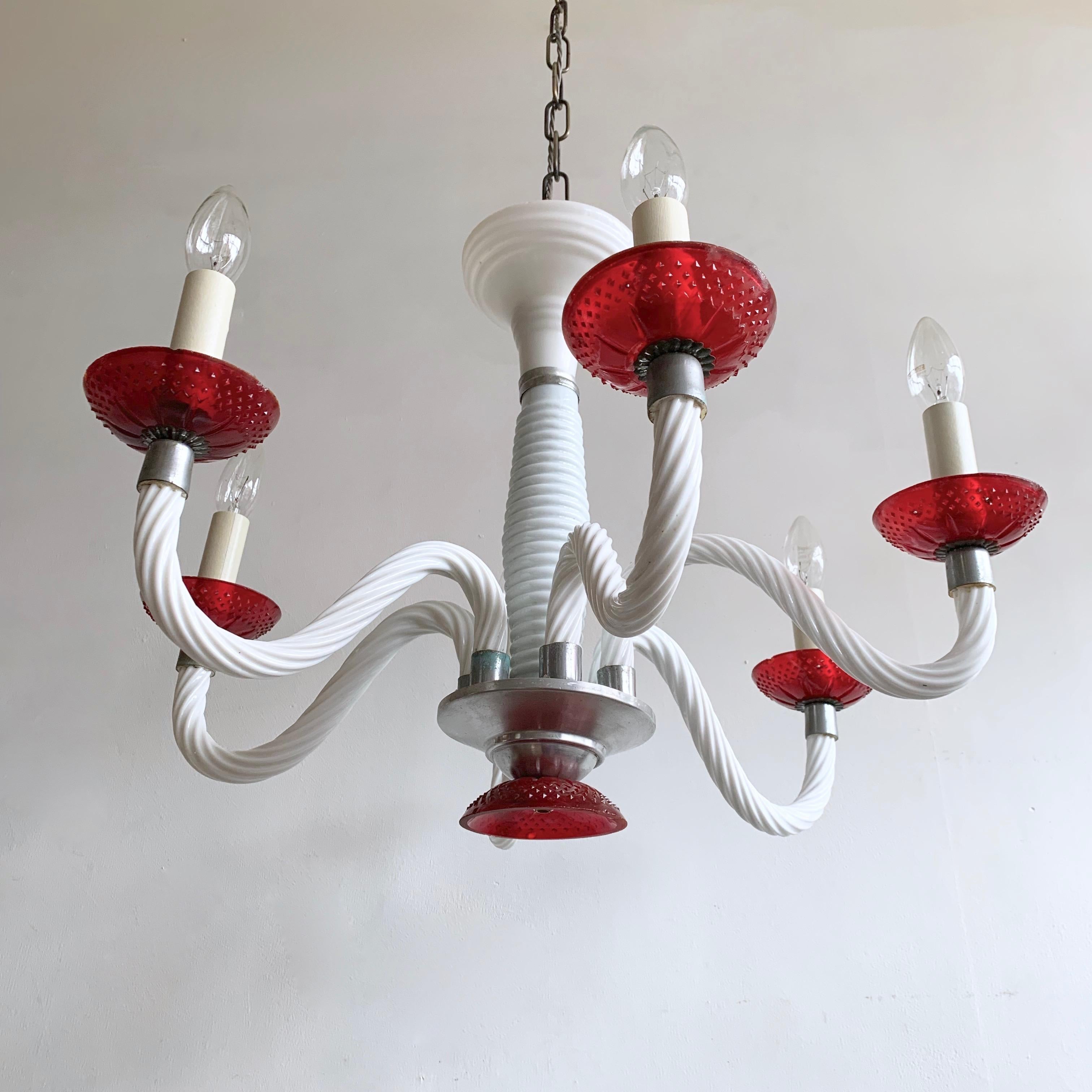 Early 1900s White Glass Swan Neck Chandelier with Red Bobéche Pans In Good Condition For Sale In Stockport, GB