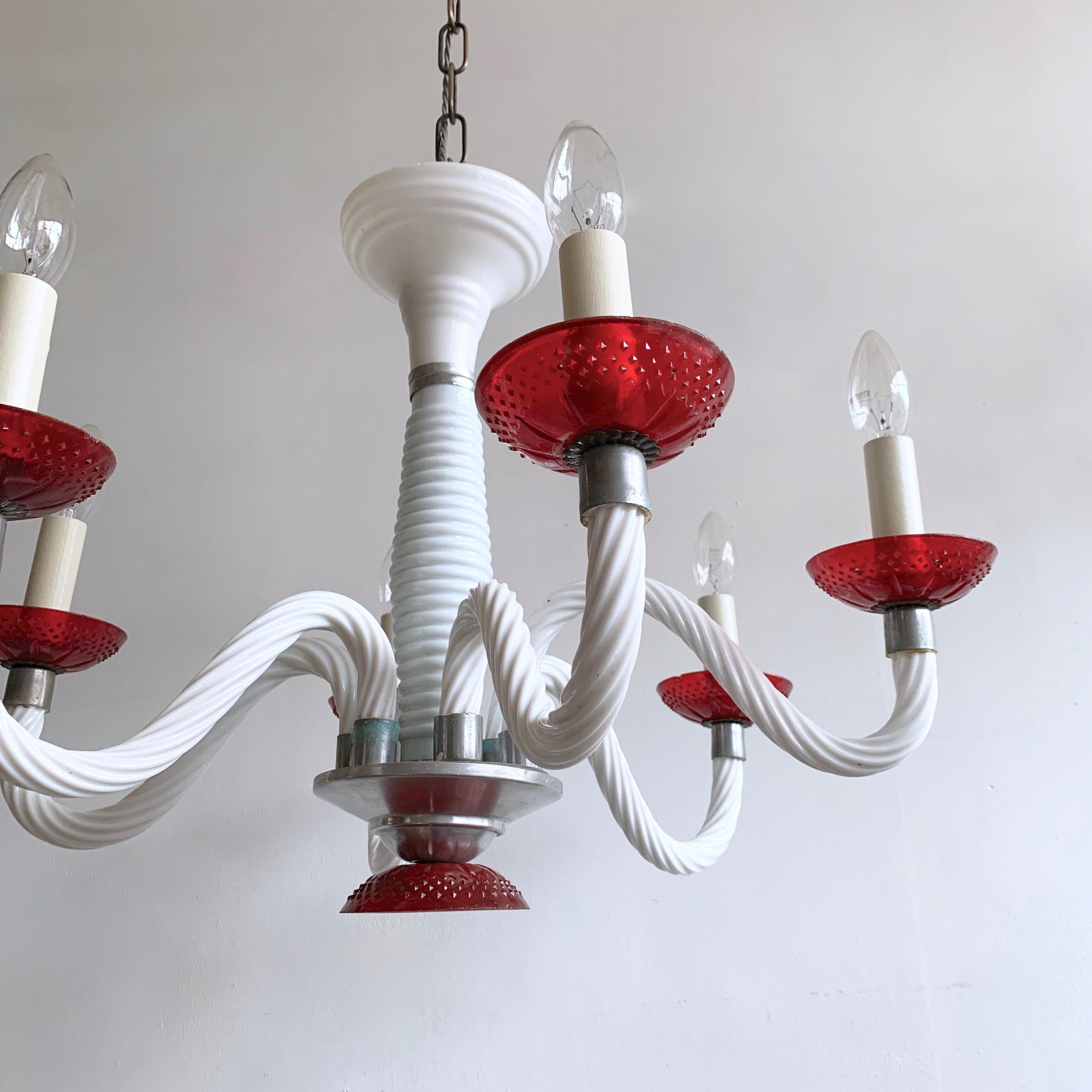 20th Century Early 1900s White Glass Swan Neck Chandelier with Red Bobéche Pans For Sale