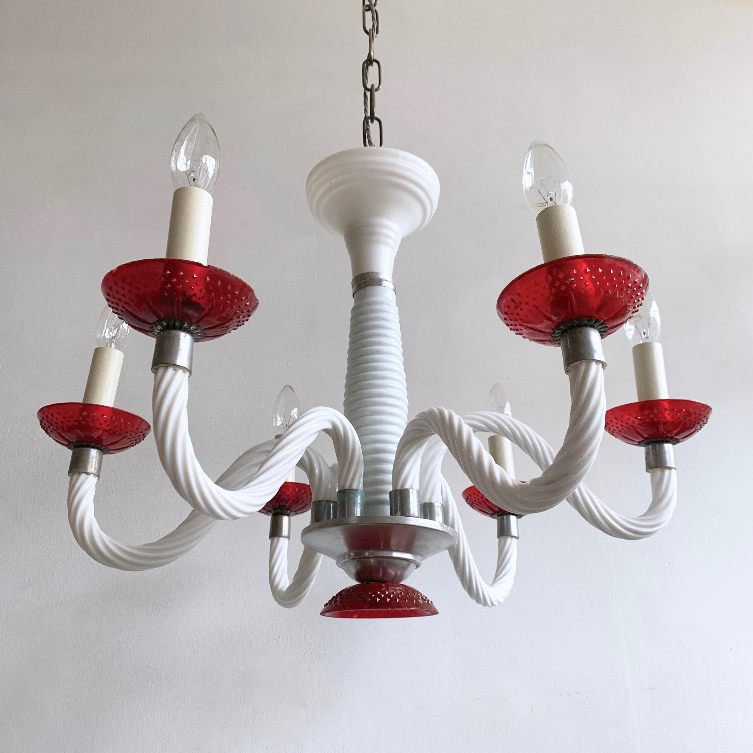Early 1900s White Glass Swan Neck Chandelier with Red Bobéche Pans For Sale 1