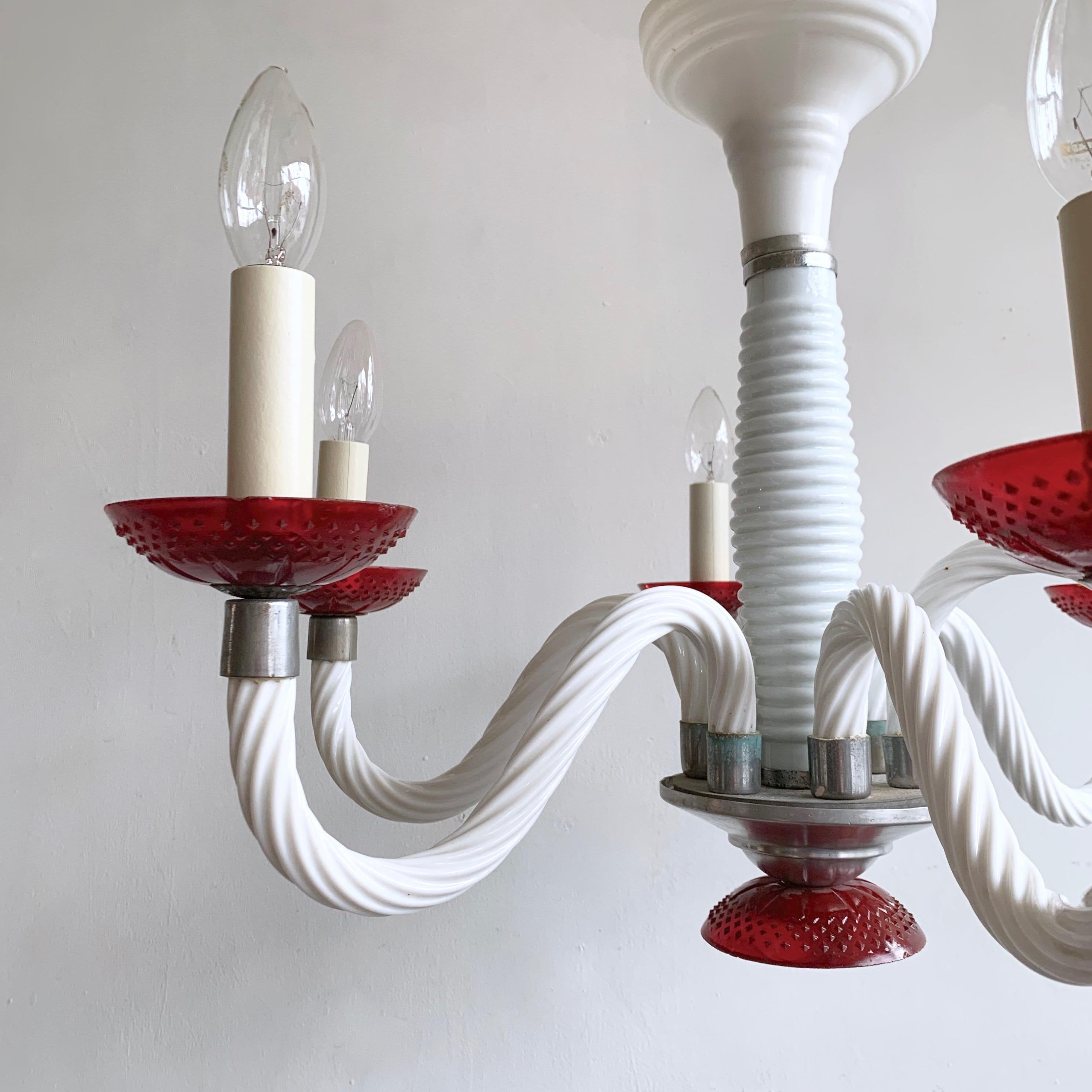 Early 1900s White Glass Swan Neck Chandelier with Red Bobéche Pans For Sale 2