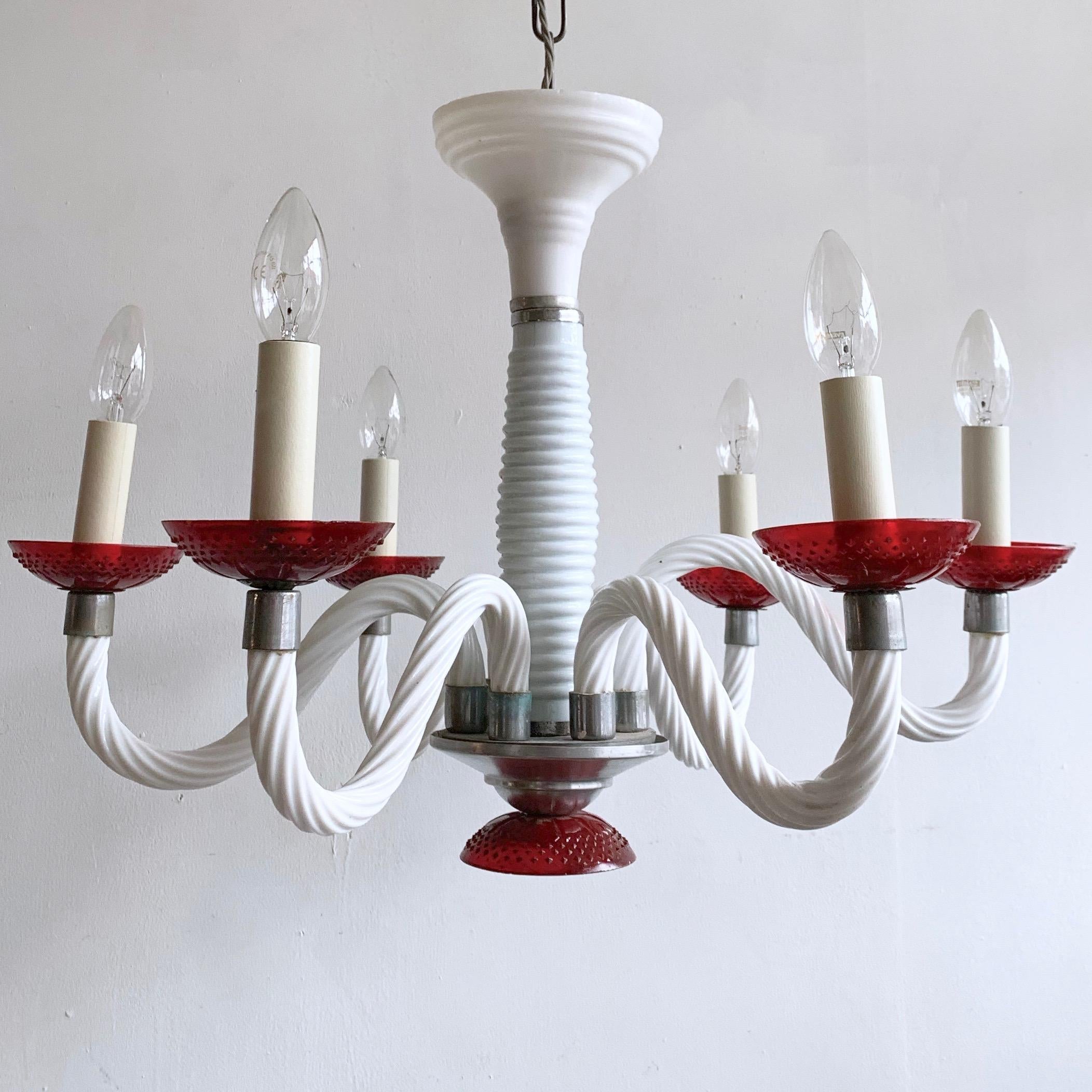 Early 1900s White Glass Swan Neck Chandelier with Red Bobéche Pans For Sale 3