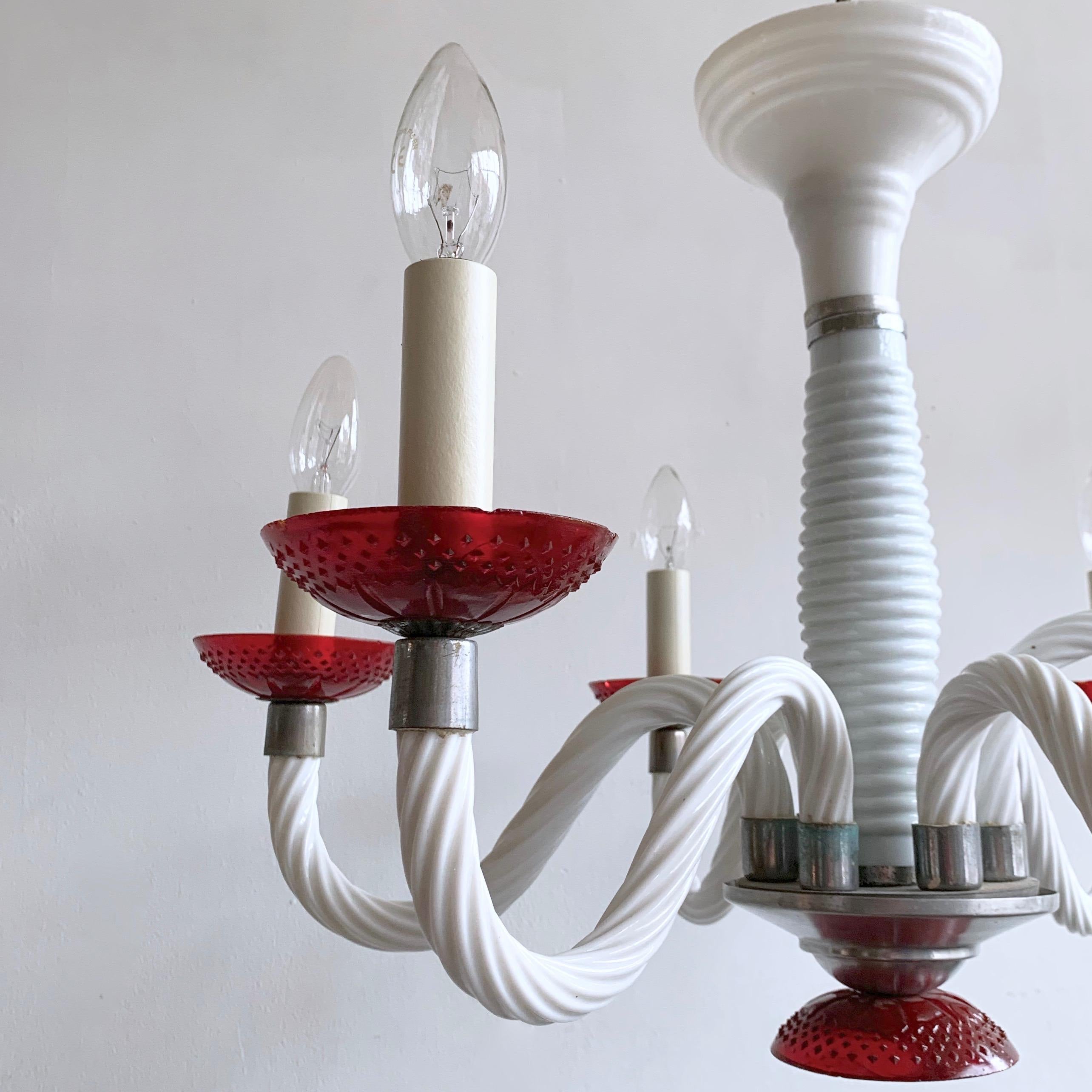 Early 1900s White Glass Swan Neck Chandelier with Red Bobéche Pans For Sale 4