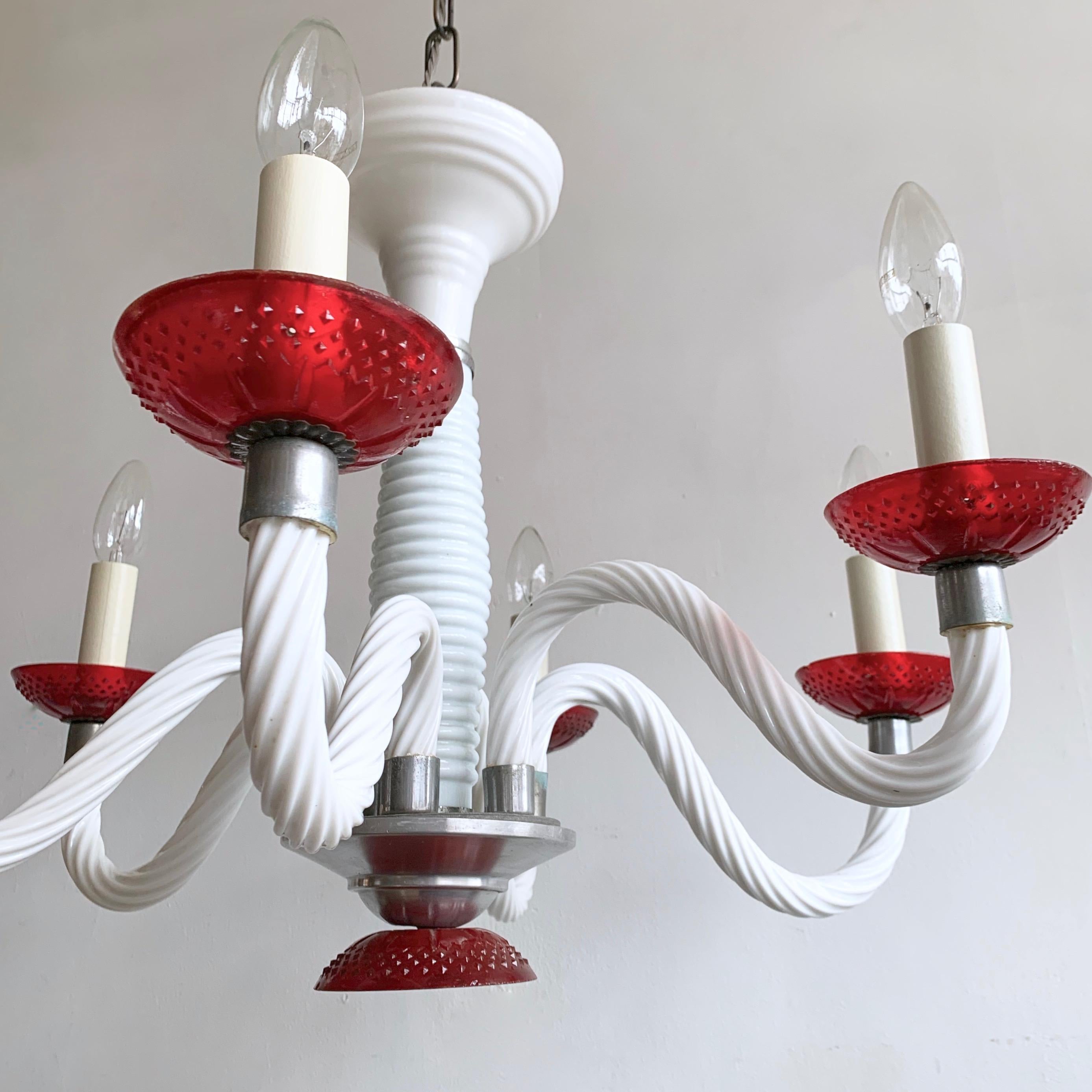 Early 1900s White Glass Swan Neck Chandelier with Red Bobéche Pans For Sale 5