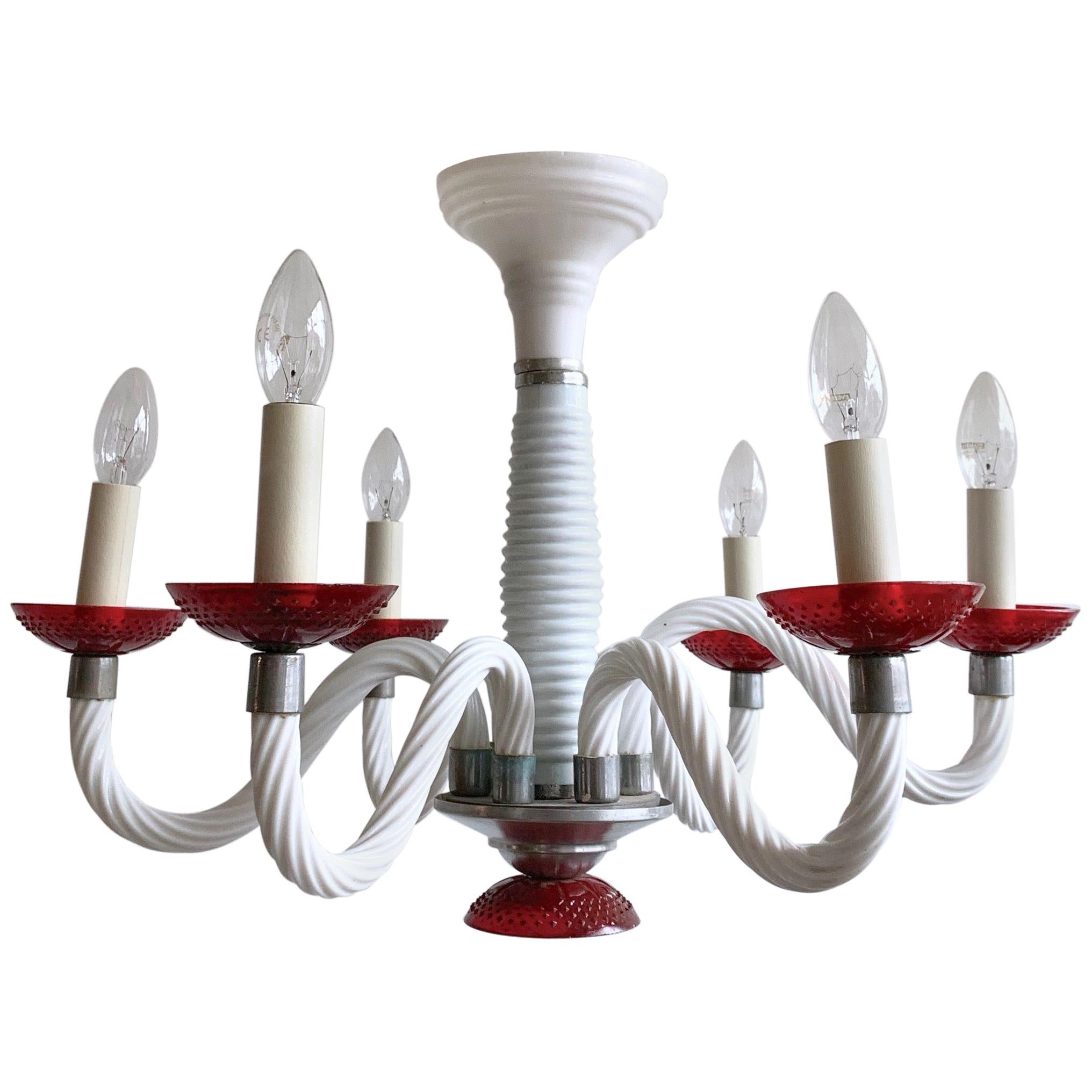 Early 1900s White Glass Swan Neck Chandelier with Red Bobéche Pans For Sale