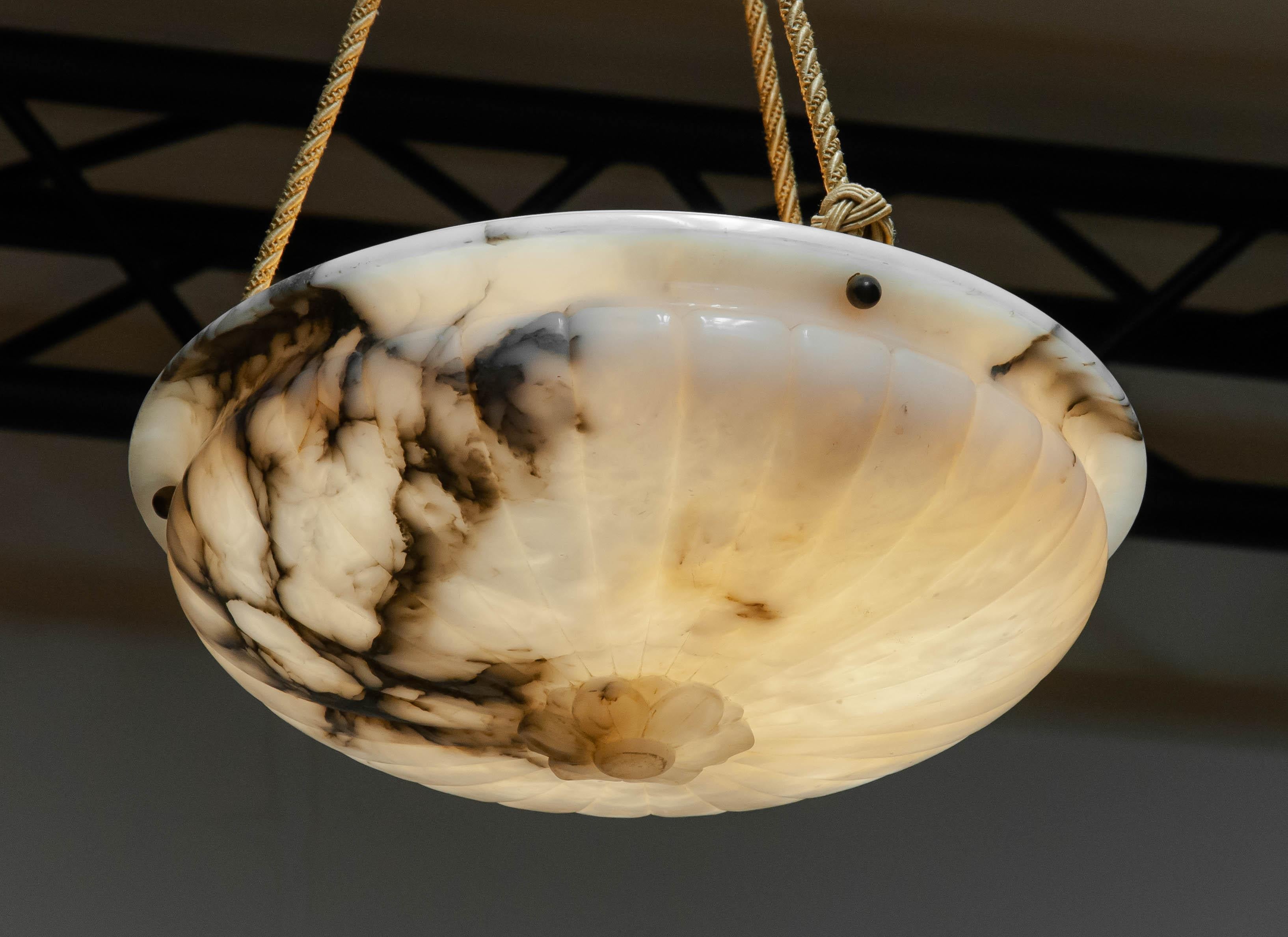 Mid-20th Century Early 1900s White With Black Accents Alabaster Up-Light Chandelier From Sweden For Sale