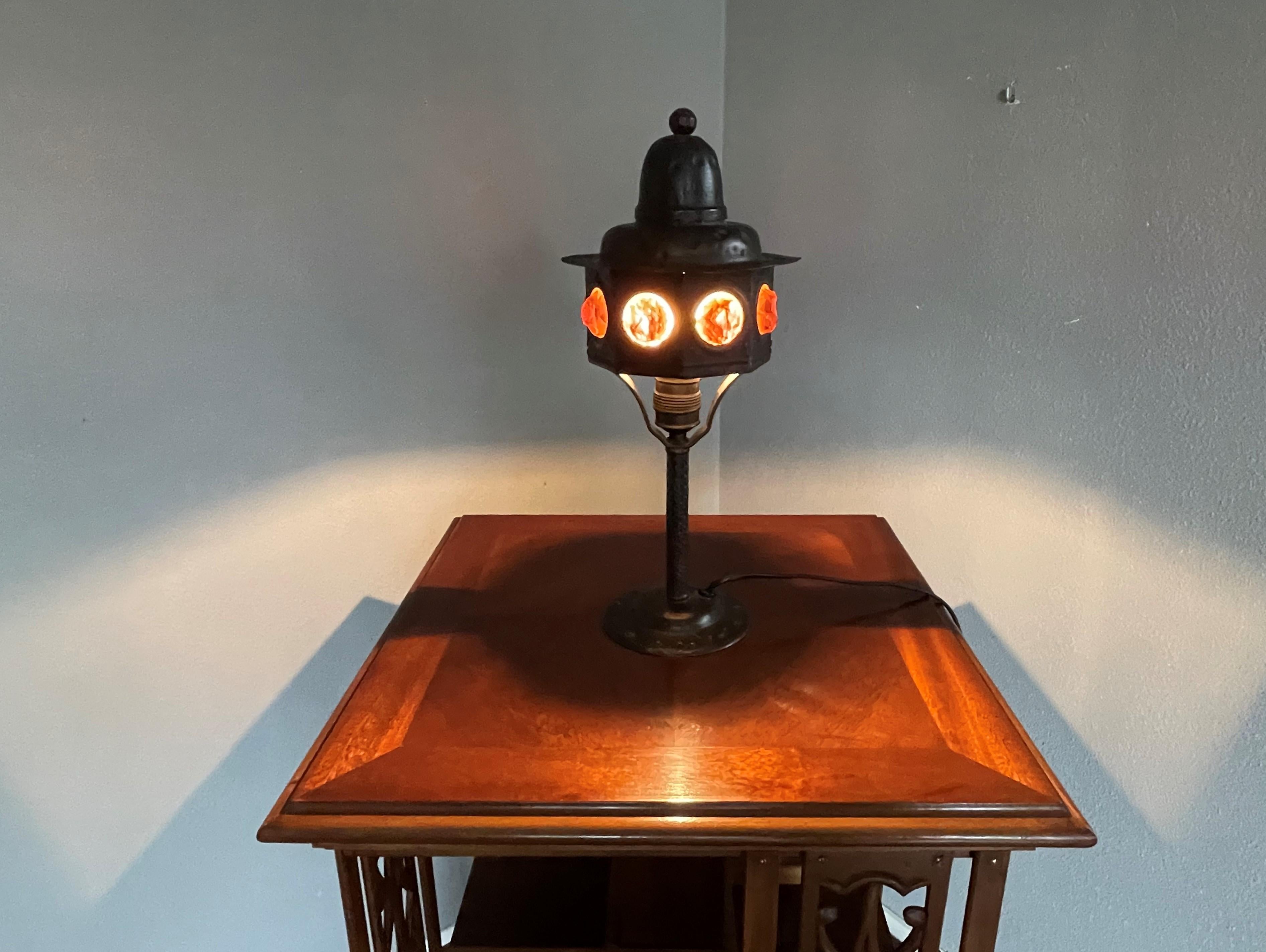 Early 1900s Wrought Iron & Chunky Glass-Like Arts and Crafts Table / Desk Lamp For Sale 9