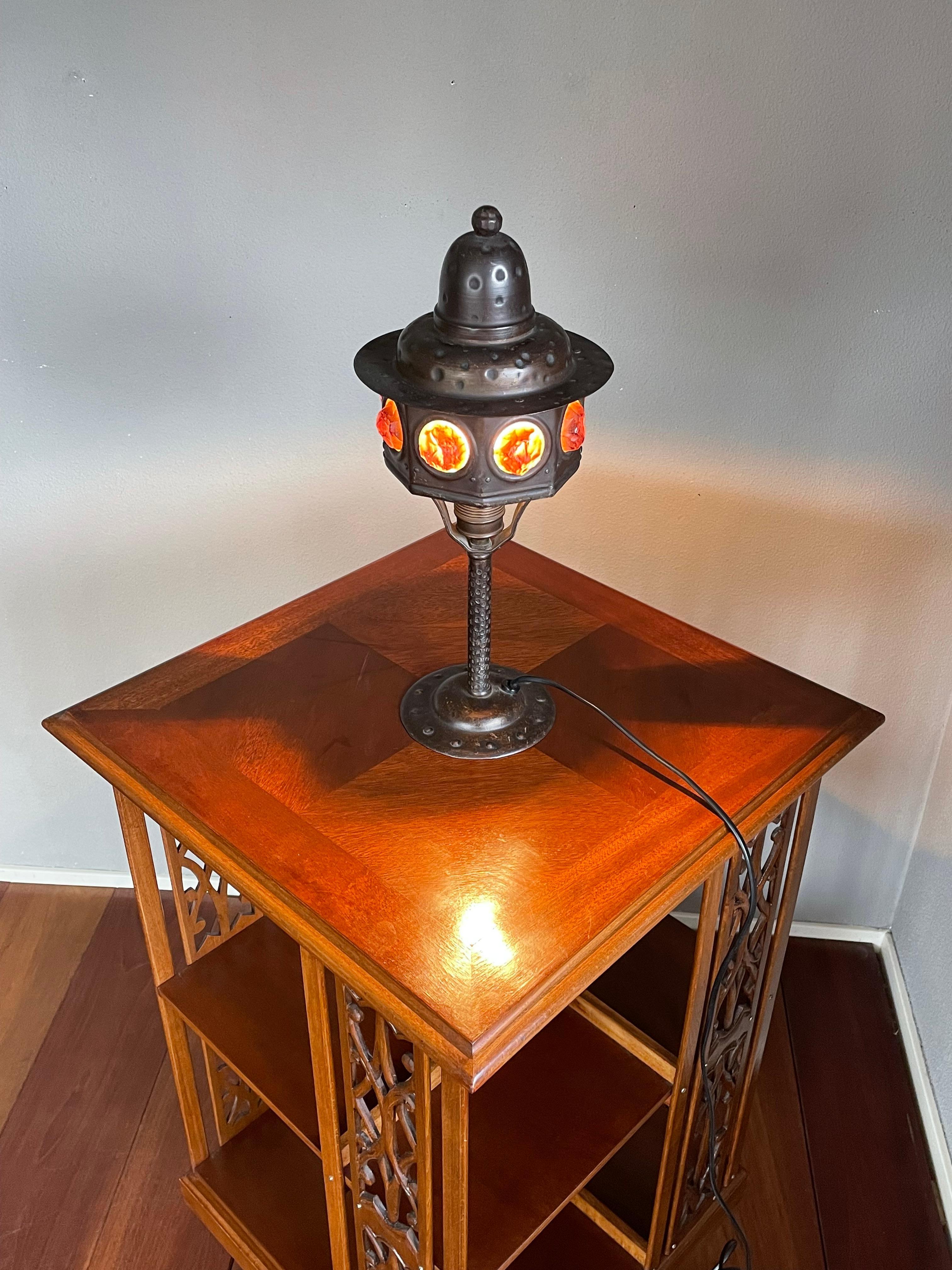 Early 1900s Wrought Iron & Chunky Glass-Like Arts and Crafts Table / Desk Lamp For Sale 12