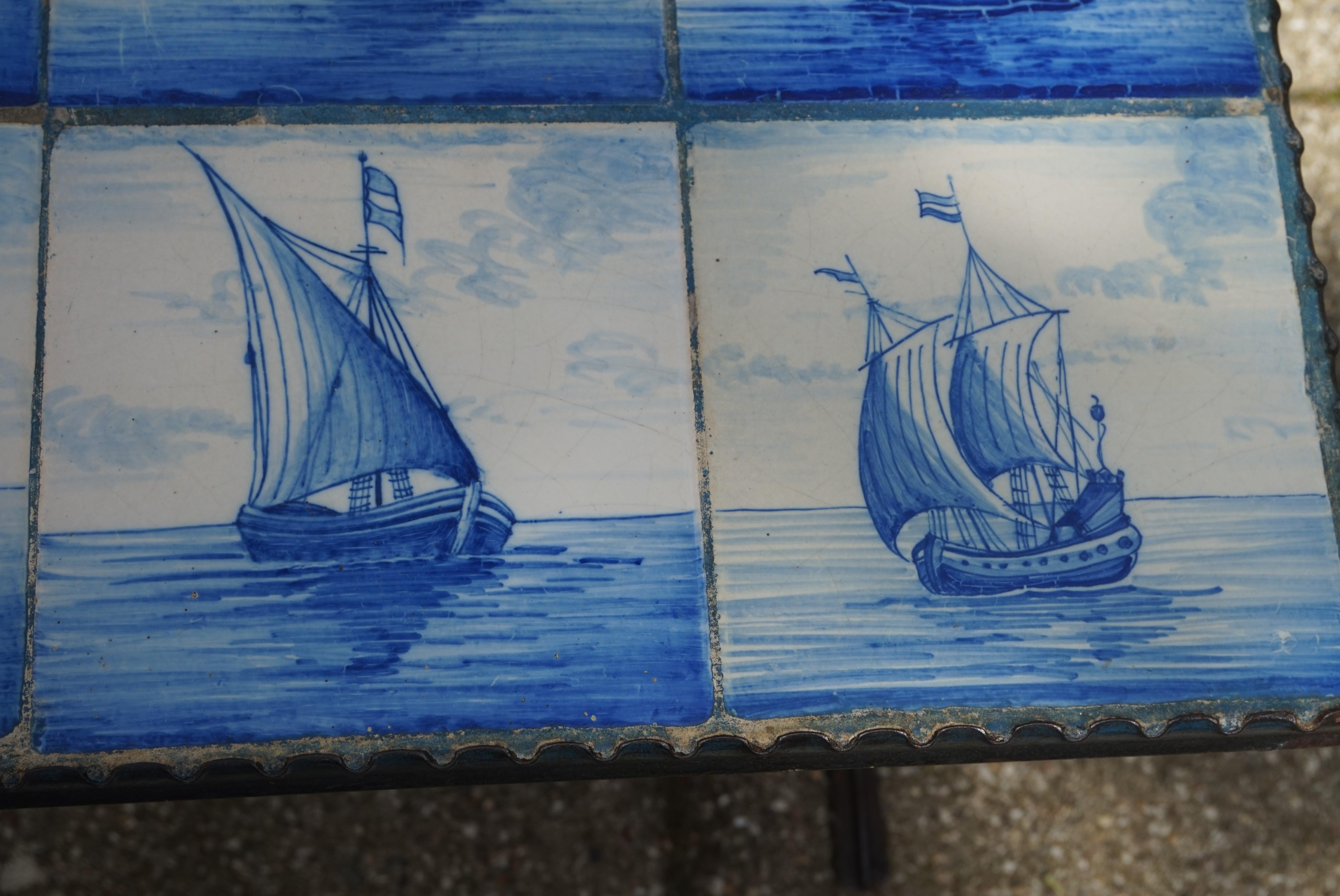 Early 1900s Wrought Iron & Delftware Tiles Table with Hand Painted Ancient Ships 3