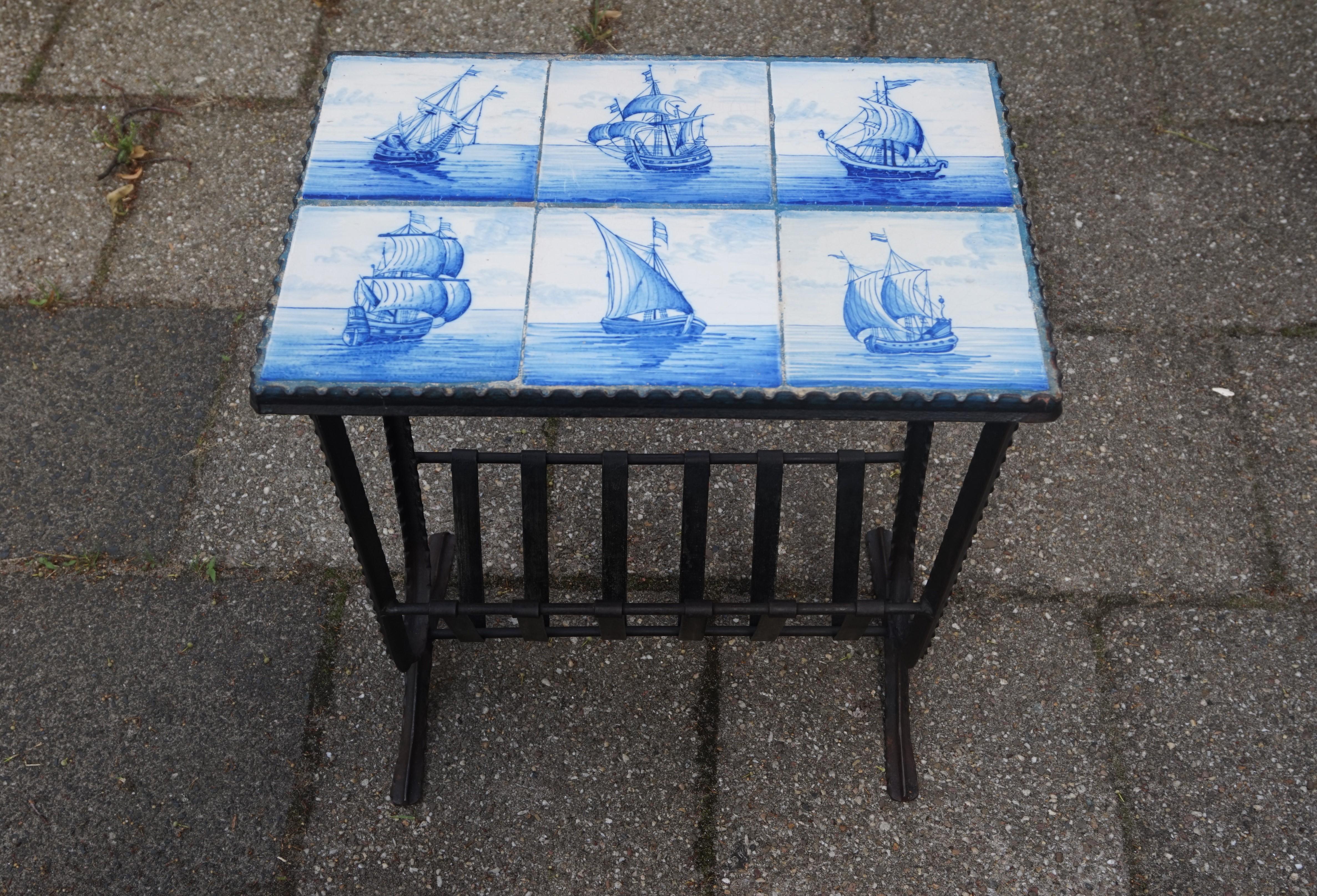 Early 1900s Wrought Iron & Delftware Tiles Table with Hand Painted Ancient Ships 4