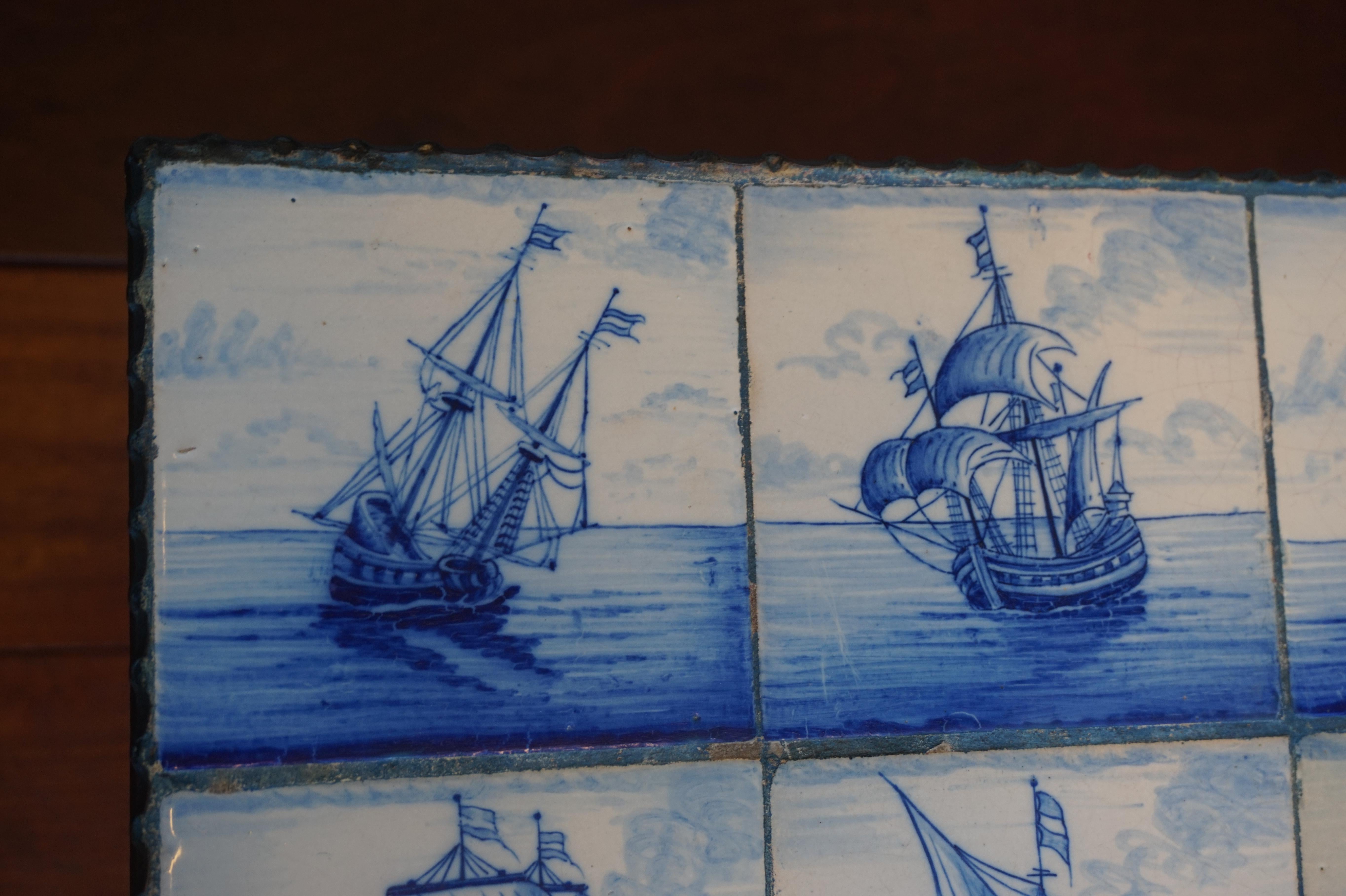 Early 1900s Wrought Iron & Delftware Tiles Table with Hand Painted Ancient Ships 5