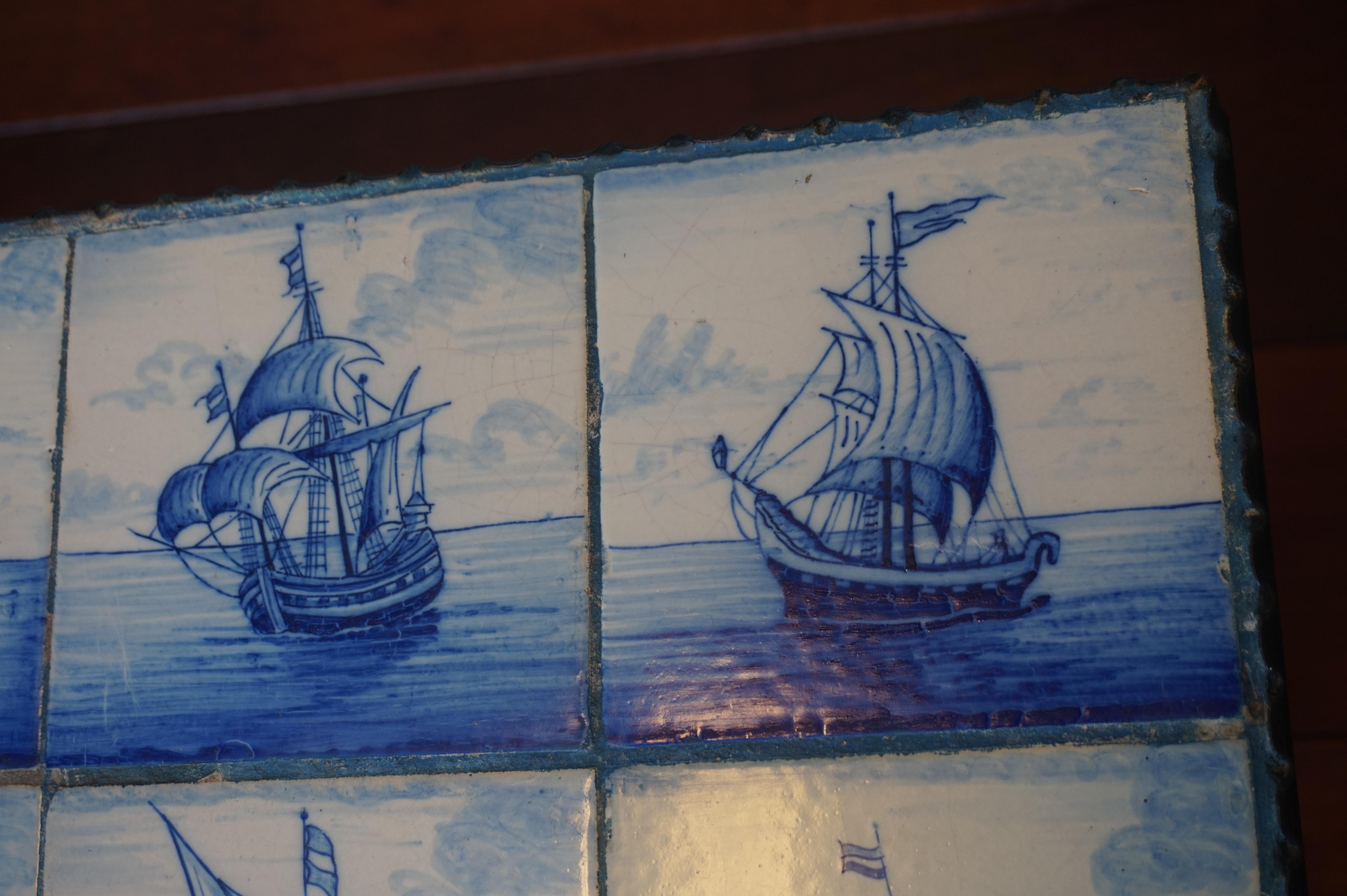 Early 1900s Wrought Iron & Delftware Tiles Table with Hand Painted Ancient Ships 6