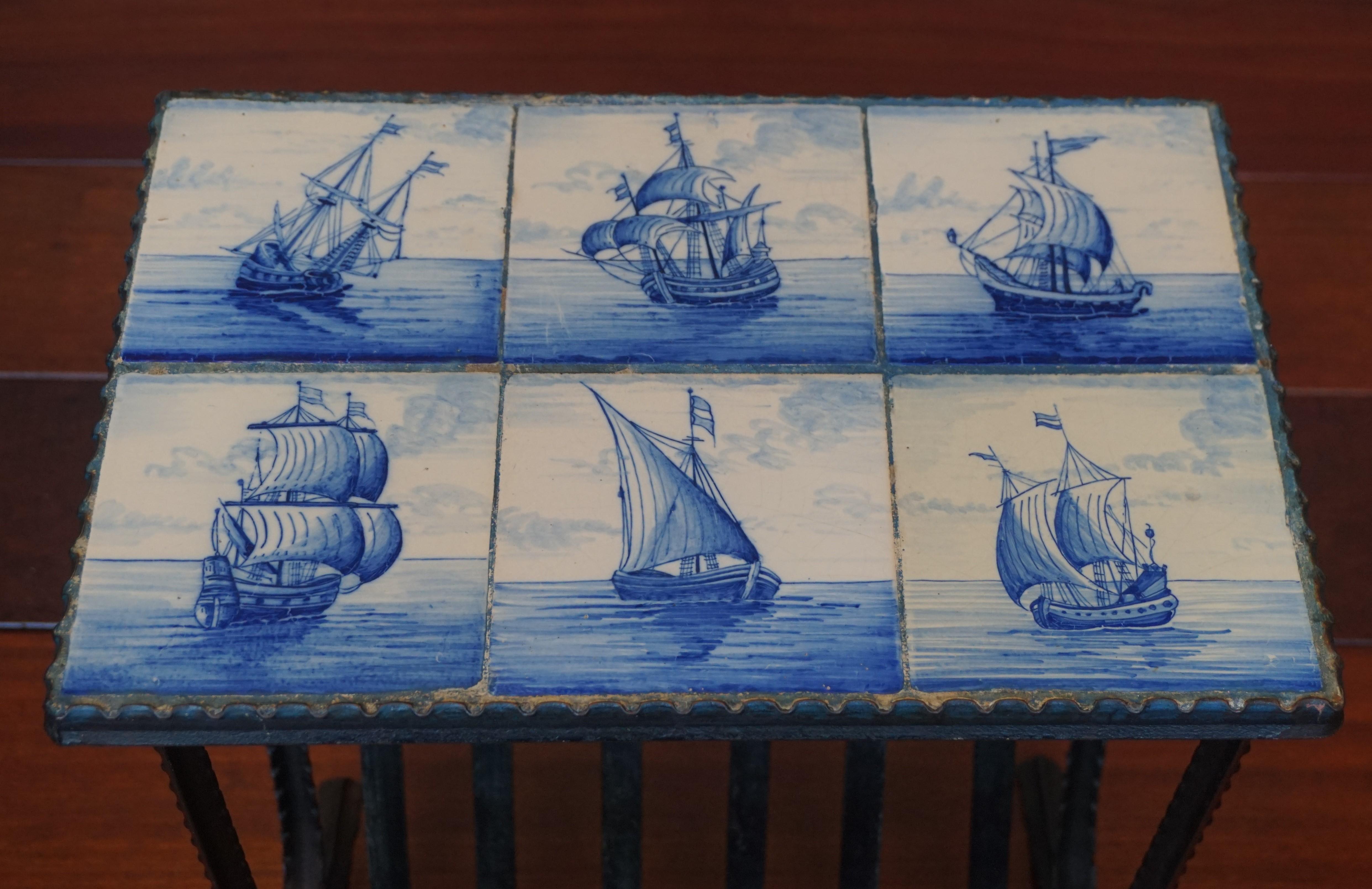 Early 1900s Wrought Iron & Delftware Tiles Table with Hand Painted Ancient Ships 9