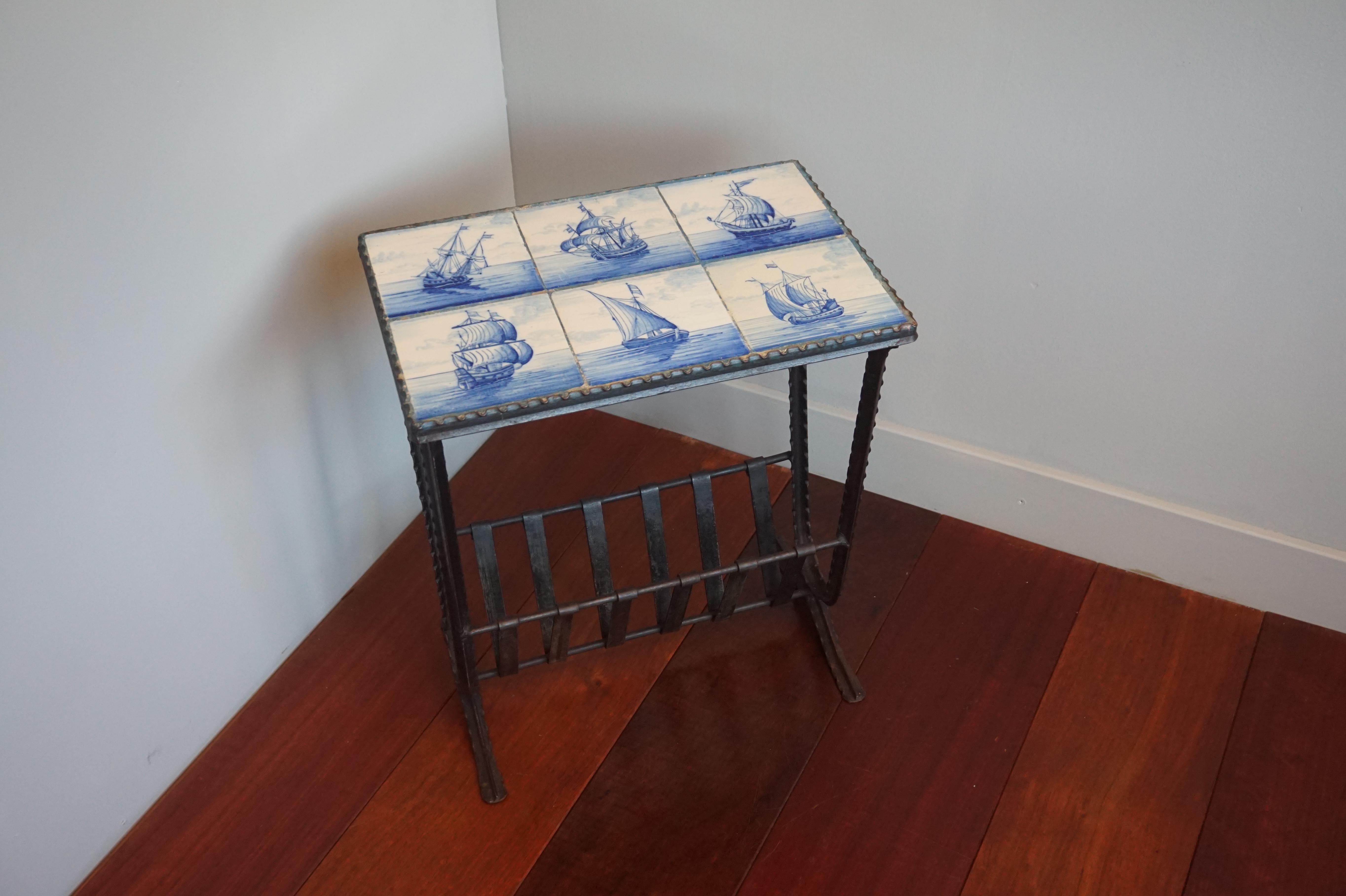 Early 1900s Wrought Iron & Delftware Tiles Table with Hand Painted Ancient Ships 10