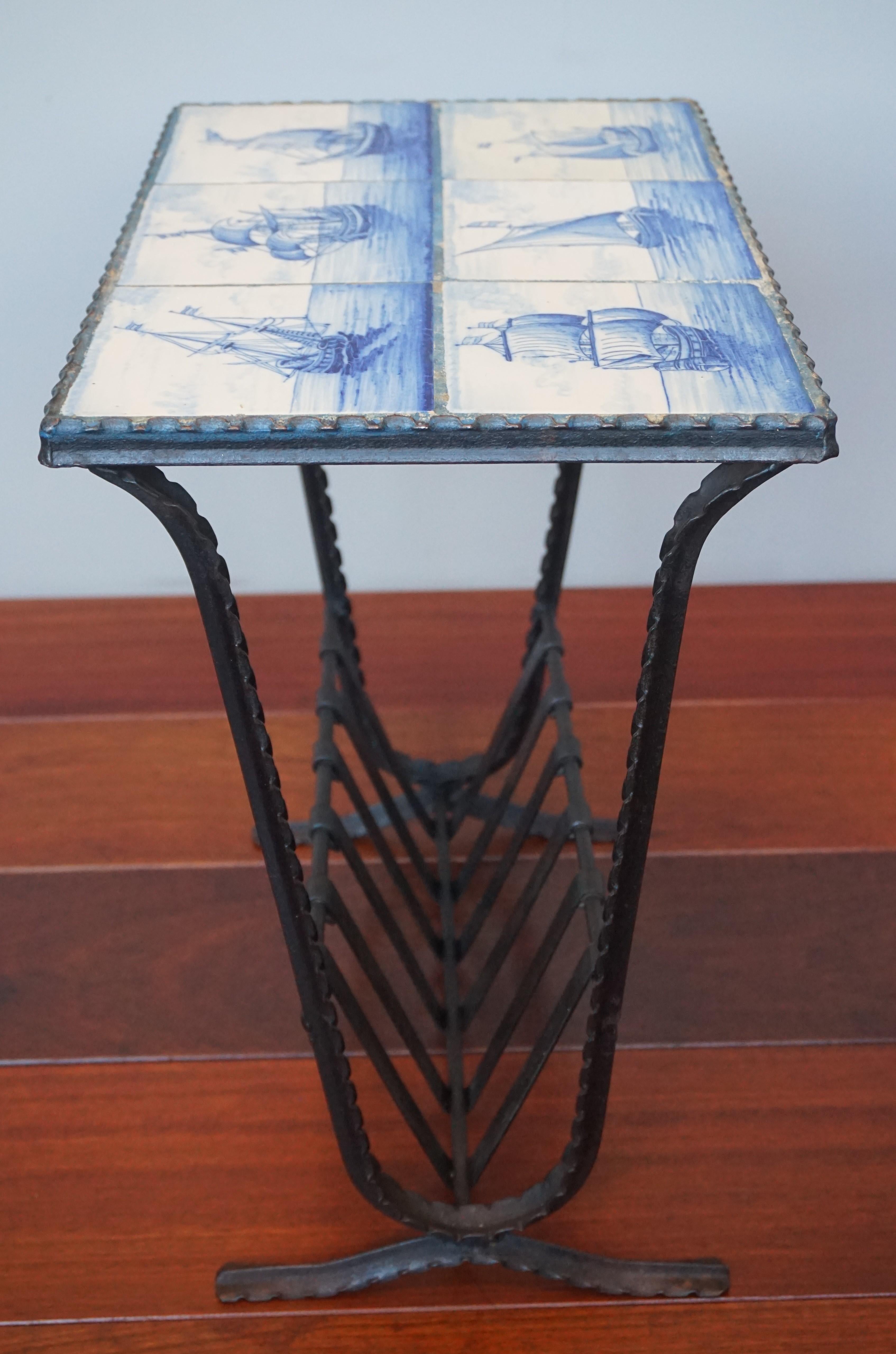 Arts and Crafts Early 1900s Wrought Iron & Delftware Tiles Table with Hand Painted Ancient Ships