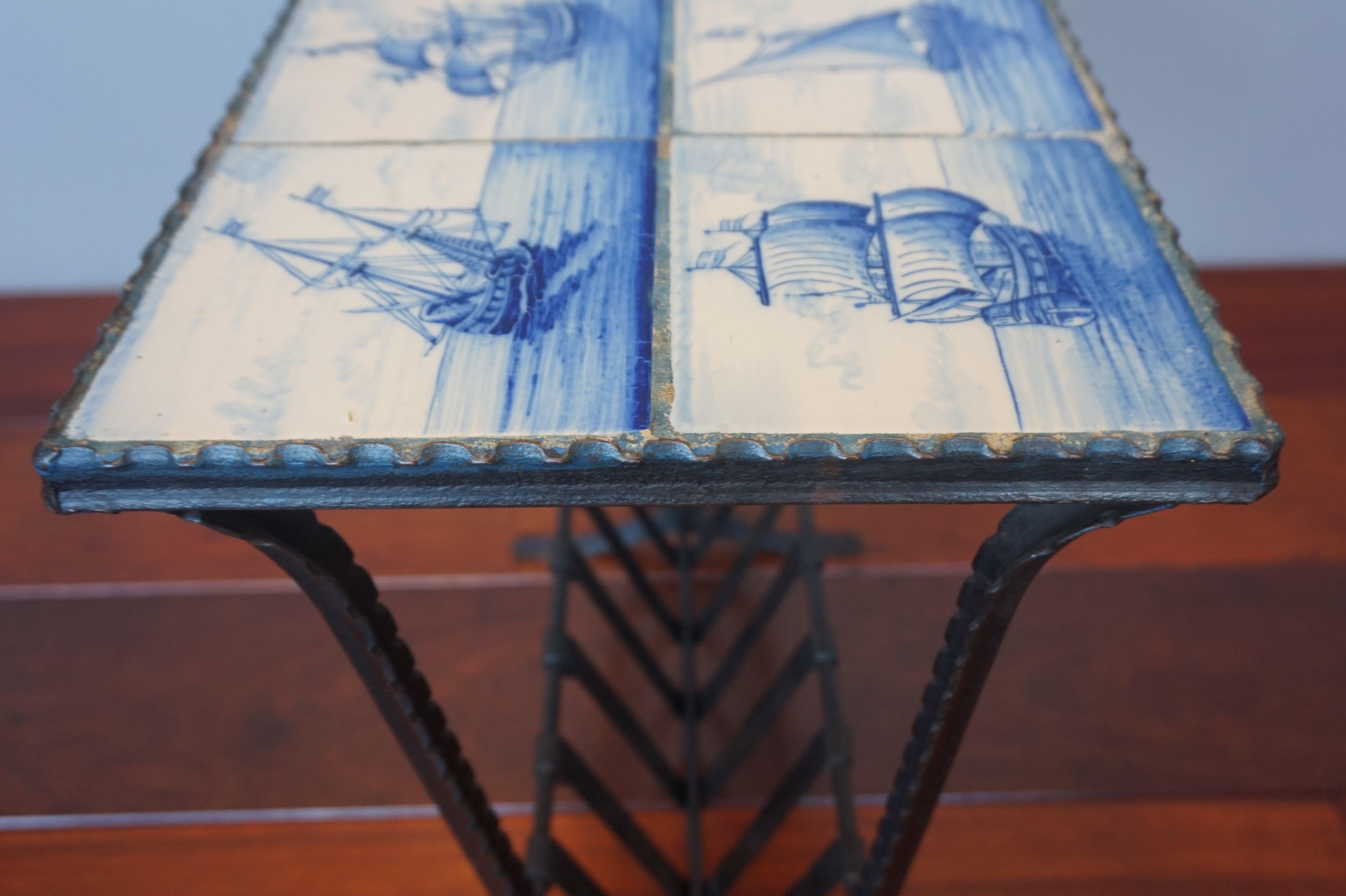 Dutch Early 1900s Wrought Iron & Delftware Tiles Table with Hand Painted Ancient Ships