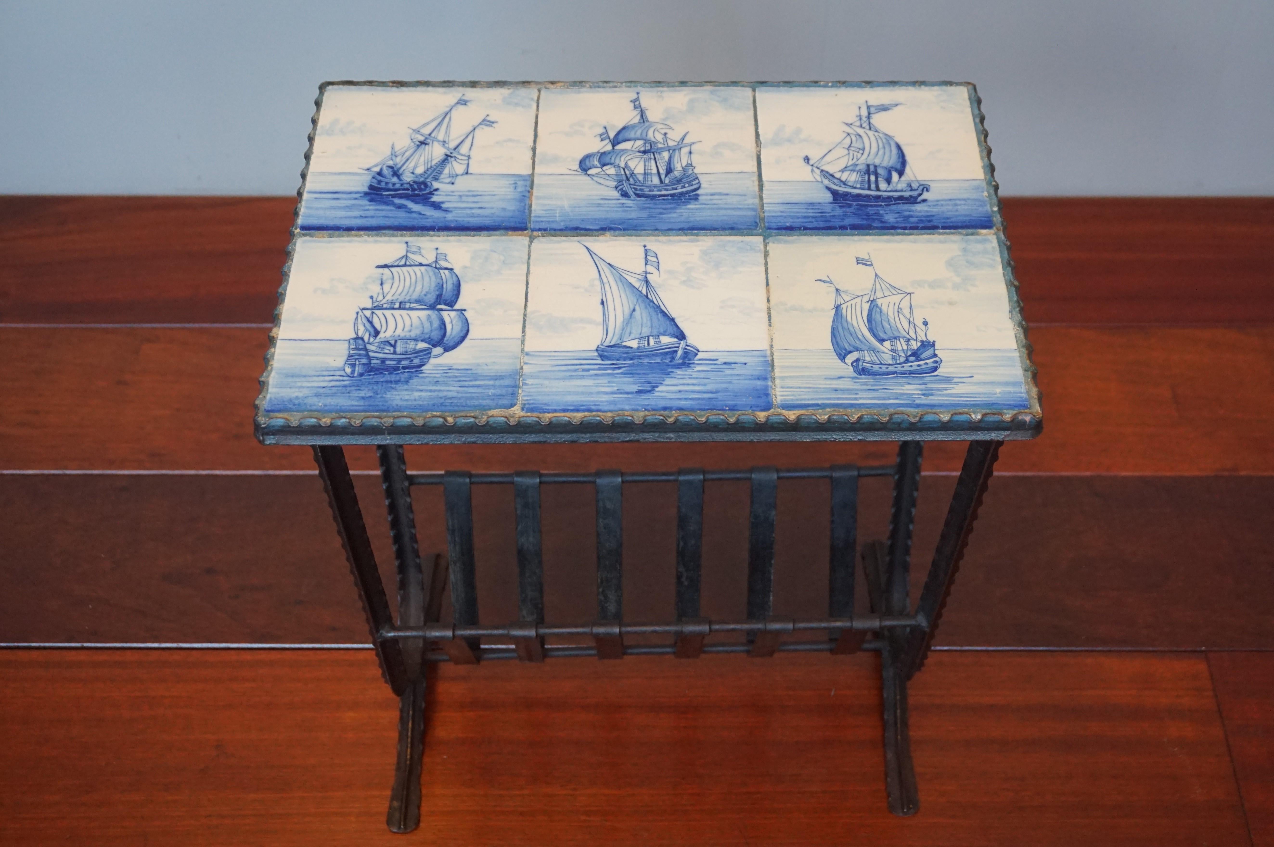 Hand-Painted Early 1900s Wrought Iron & Delftware Tiles Table with Hand Painted Ancient Ships