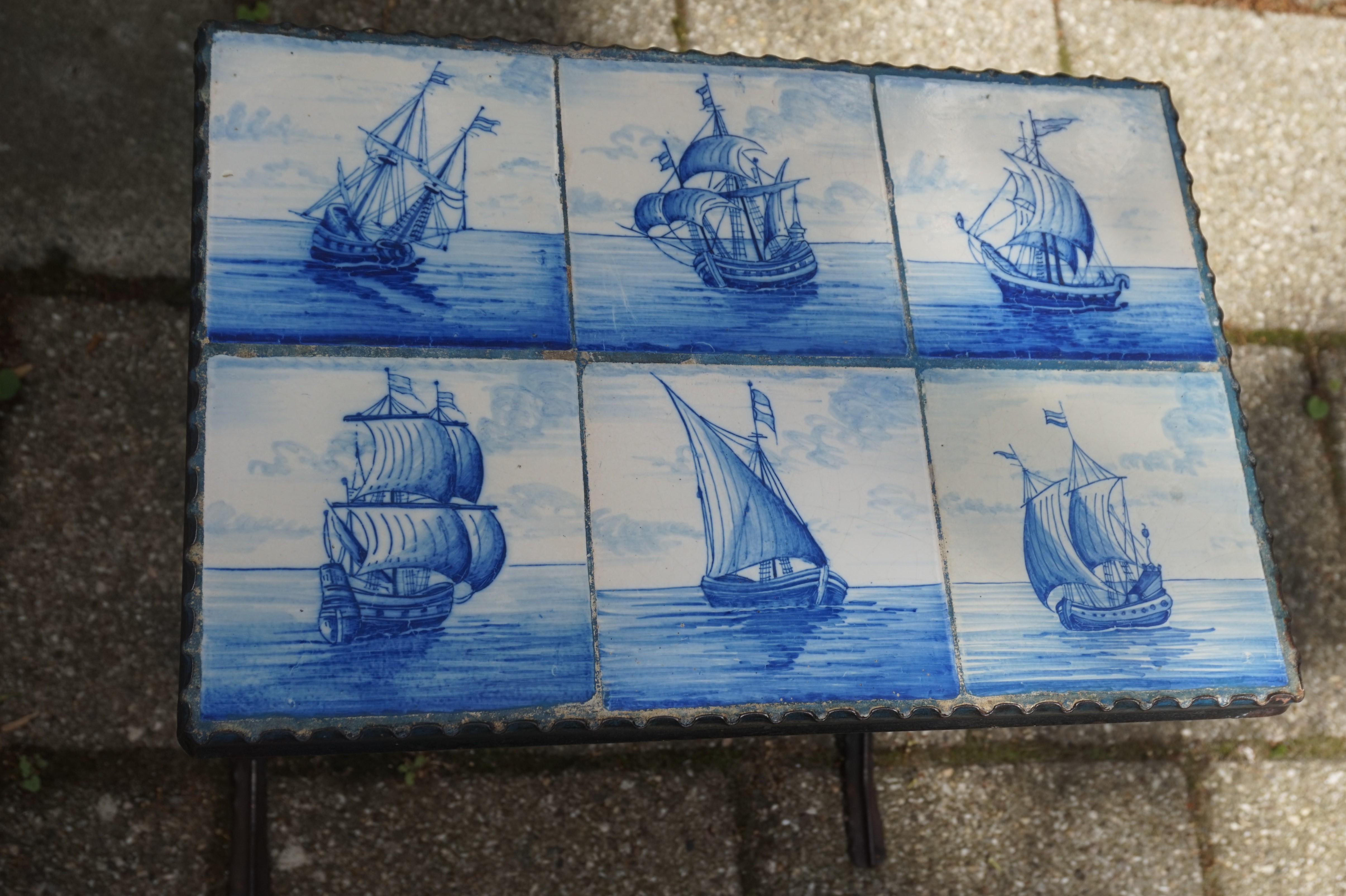 Early 1900s Wrought Iron & Delftware Tiles Table with Hand Painted Ancient Ships In Good Condition In Lisse, NL