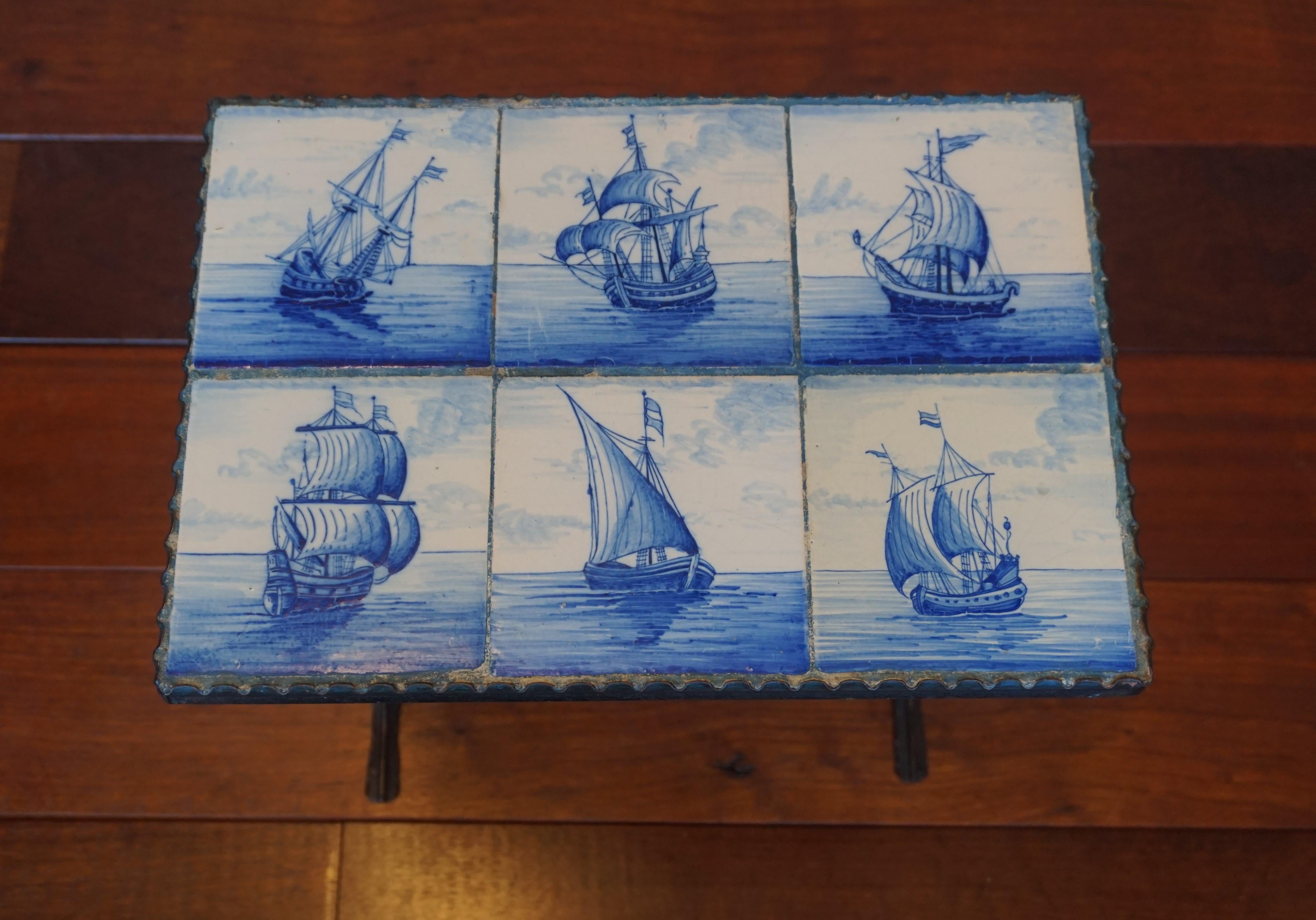Early 1900s Wrought Iron & Delftware Tiles Table with Hand Painted Ancient Ships 1