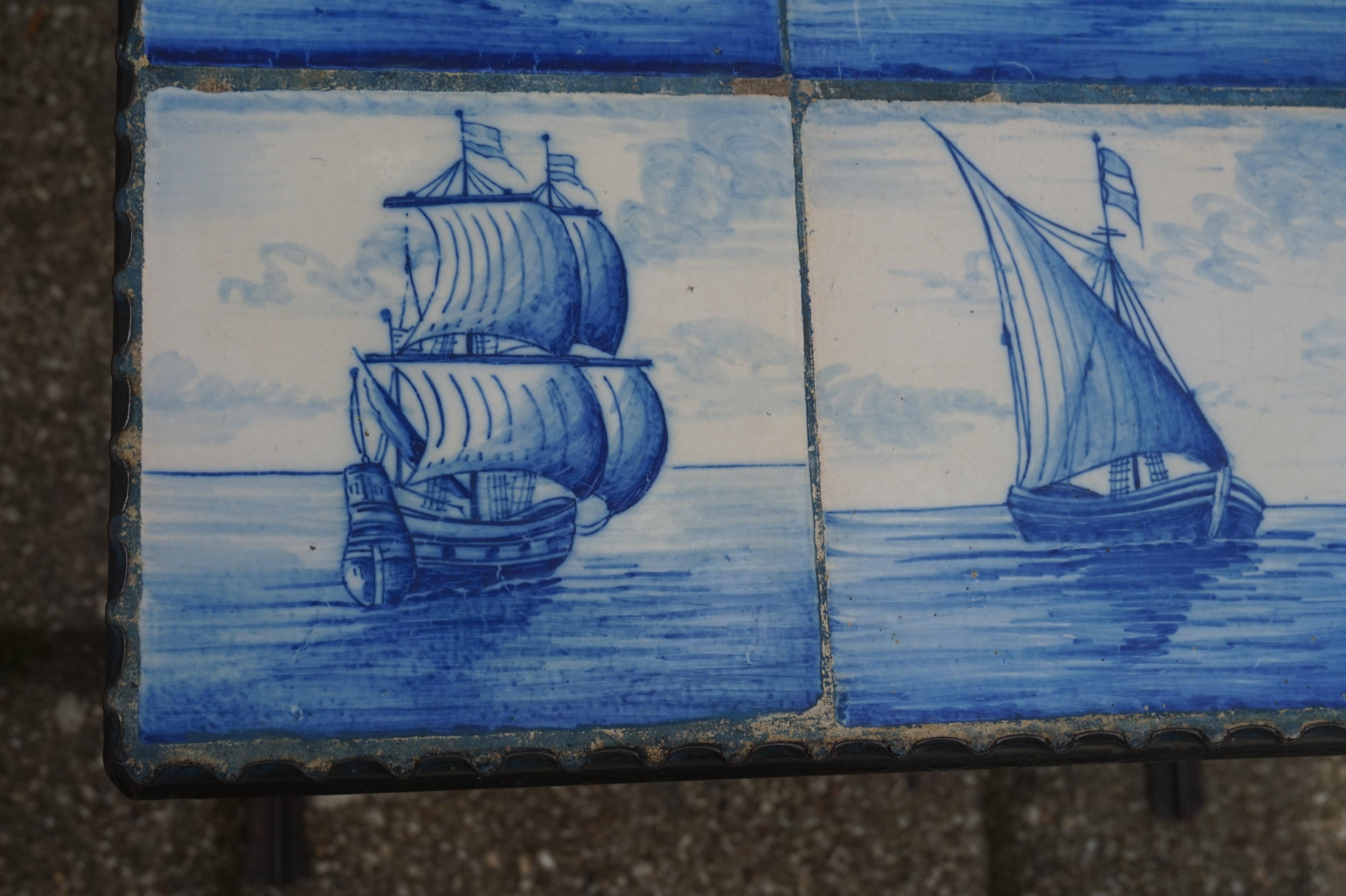 Early 1900s Wrought Iron & Delftware Tiles Table with Hand Painted Ancient Ships 2