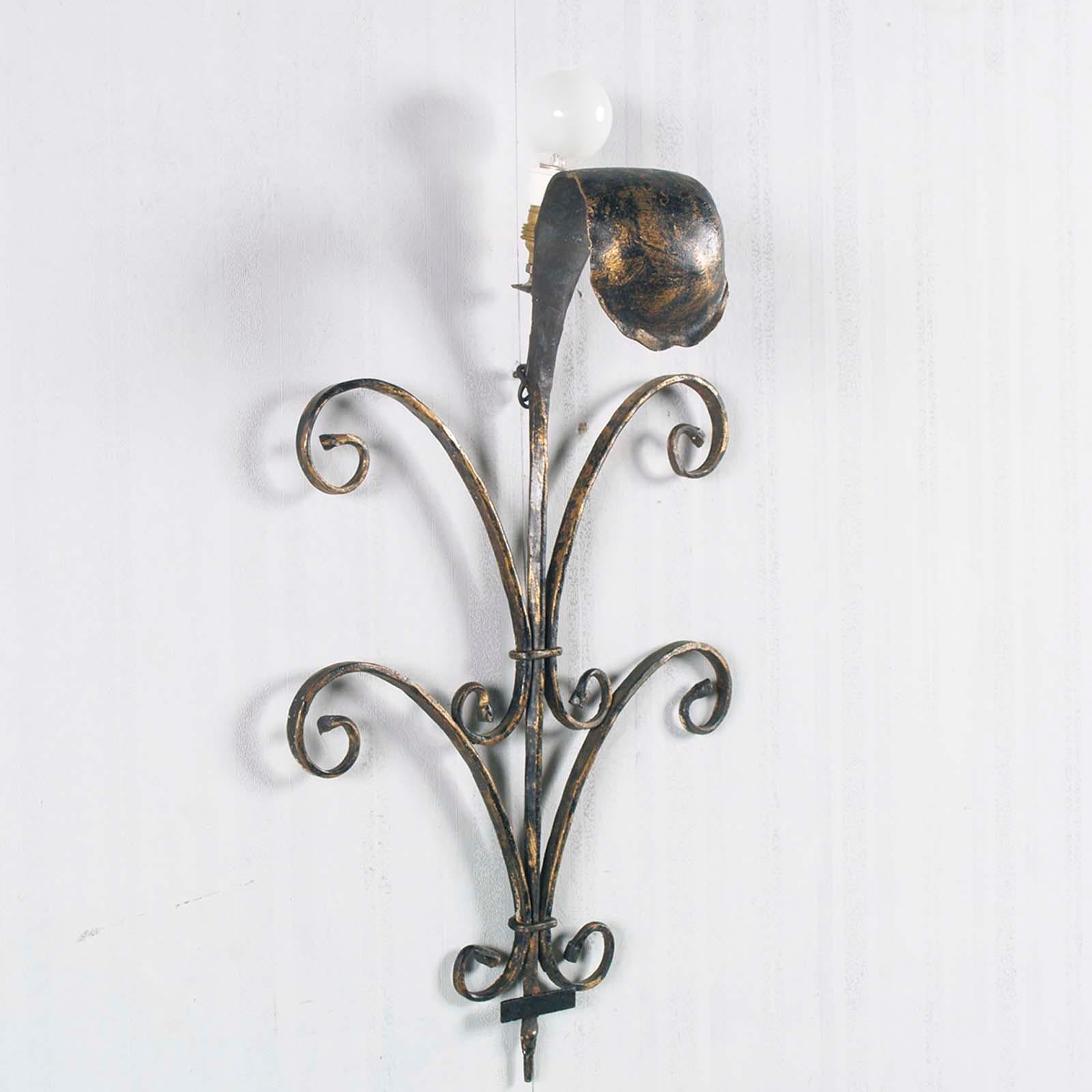 Early 1900s Wrought Iron Wall Lamps ; black color with Golden Reflections
Measures: Big H cm 47 W cm 30     Small H cm 30 W cm 30 D cm 12