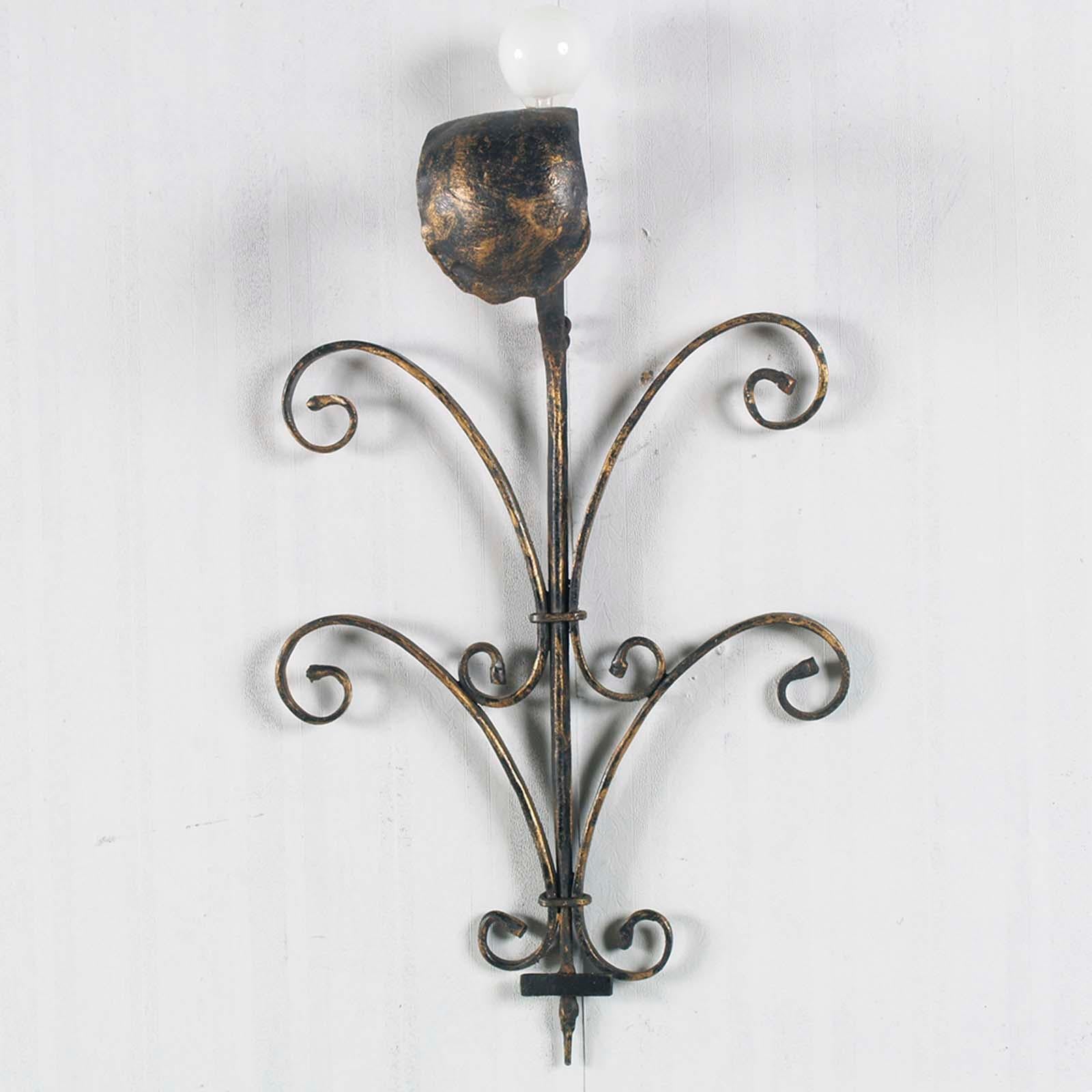 Art Nouveau Early 1900s Wrought Iron Wall Lamps black color with Golden Reflections For Sale