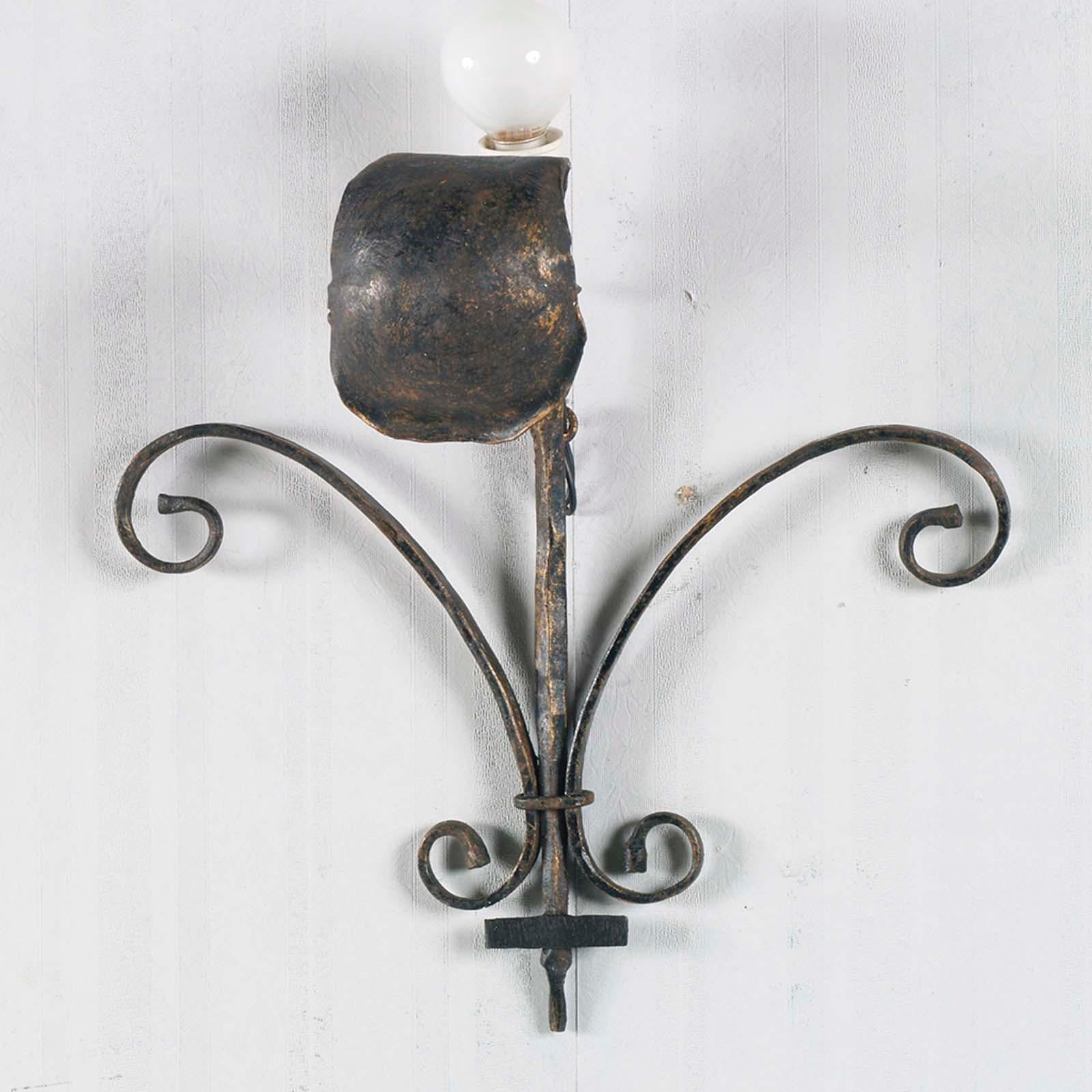 Hand-Crafted Early 1900s Wrought Iron Wall Lamps black color with Golden Reflections For Sale