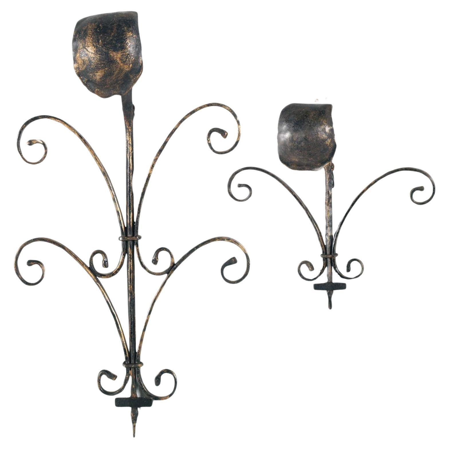 Early 1900s Wrought Iron Wall Lamps black color with Golden Reflections For Sale