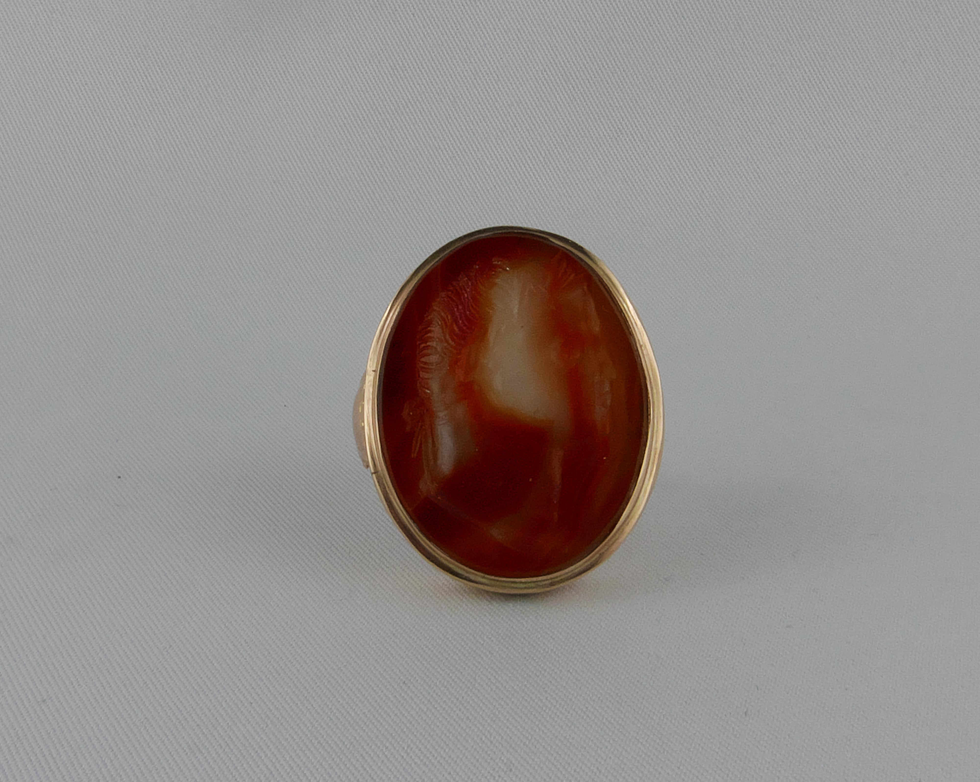 Dieses exquisite Intaglio ist meisterhaft in einen ovalen Karneolstein eingraviert und zeigt ein männliches Profil mit einem lorbeerumkränzten Kopf
Die warme rötlich-braune Farbe des  Karneol ist perfekt  ergänzt durch das Gelbgold des