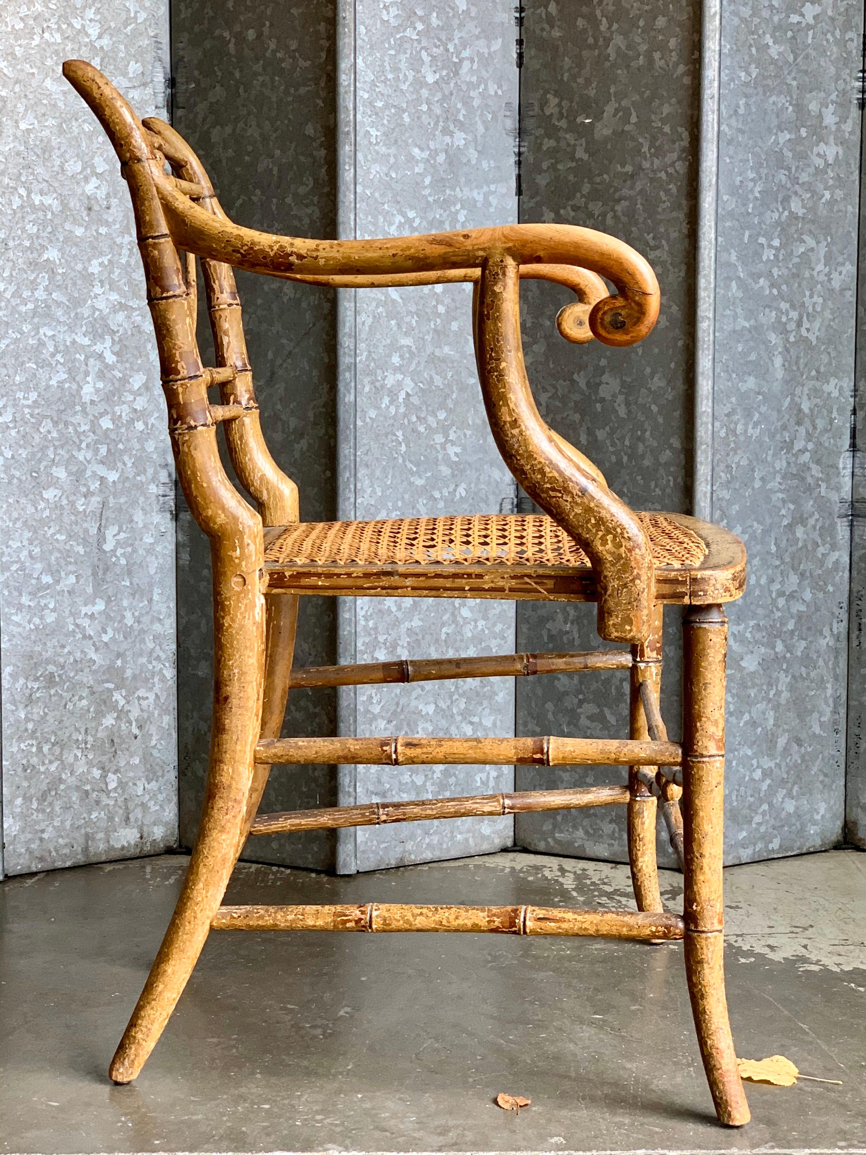 Fine example from the English Regency period of George IV, circa 1810. Features remnants of original paint on beech frame, completely unrestored condition. All joints firm with no issues. Patina sheen to arms.