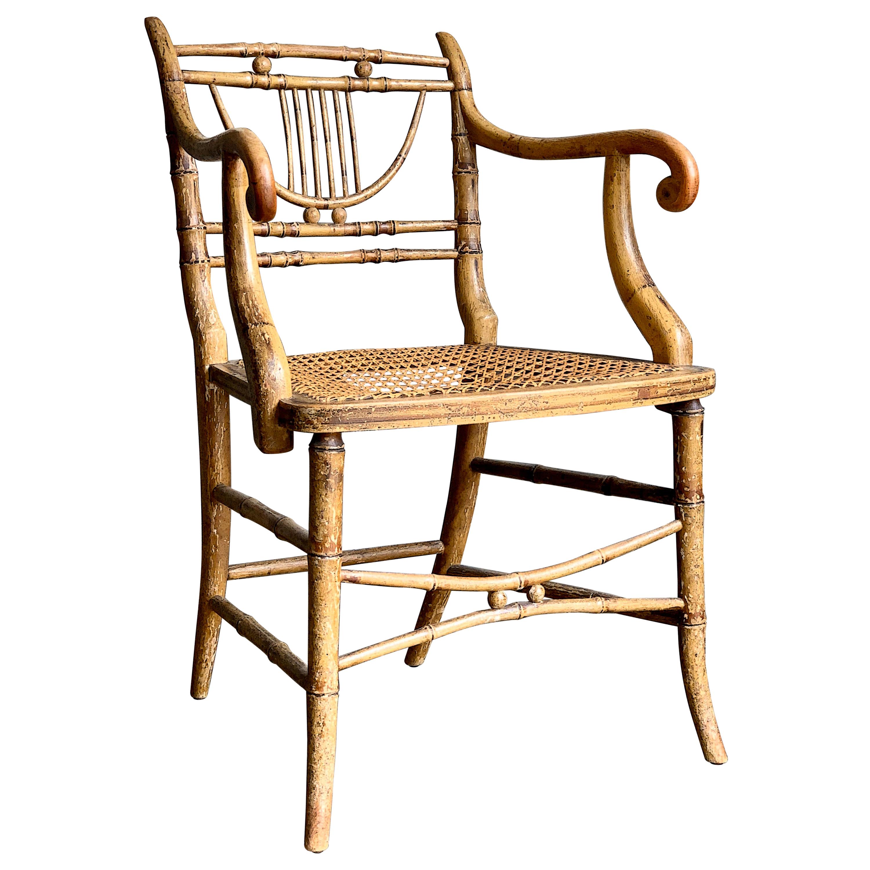 Early 19th Century Regency Period Faux Bamboo Armchair with Cane Seat For Sale