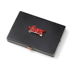 Early 1910 Art Deco Silver Black Enamel Diamond Powder Compact Signed Ghito