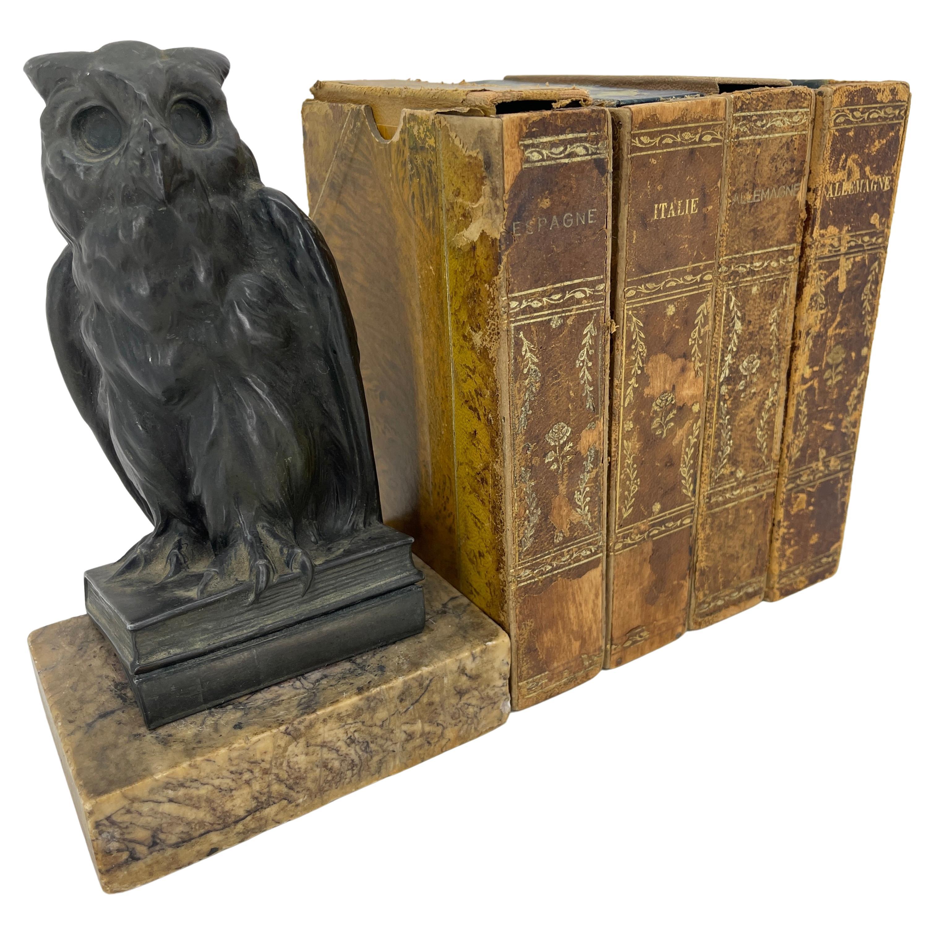 English owl bookend desks accessory on the marble stand, circa 1920s.
The single owl bookend is made in dark patinated bronze and sits on a rectangular piece of marble and has the original antique screw and hardware.
 
