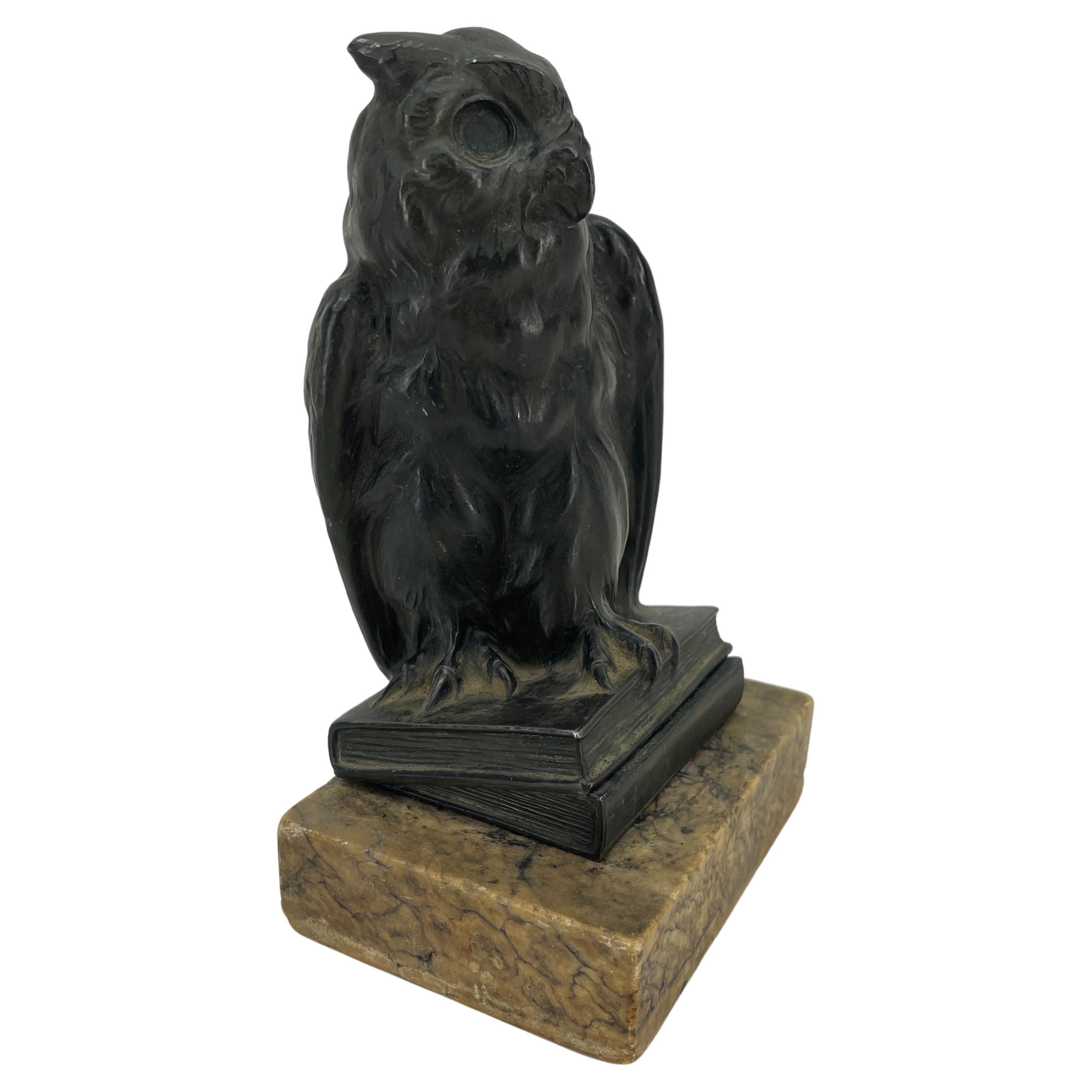 Victorian Early 1920s Bronze Owl on Books Bookend on the Marble Stand