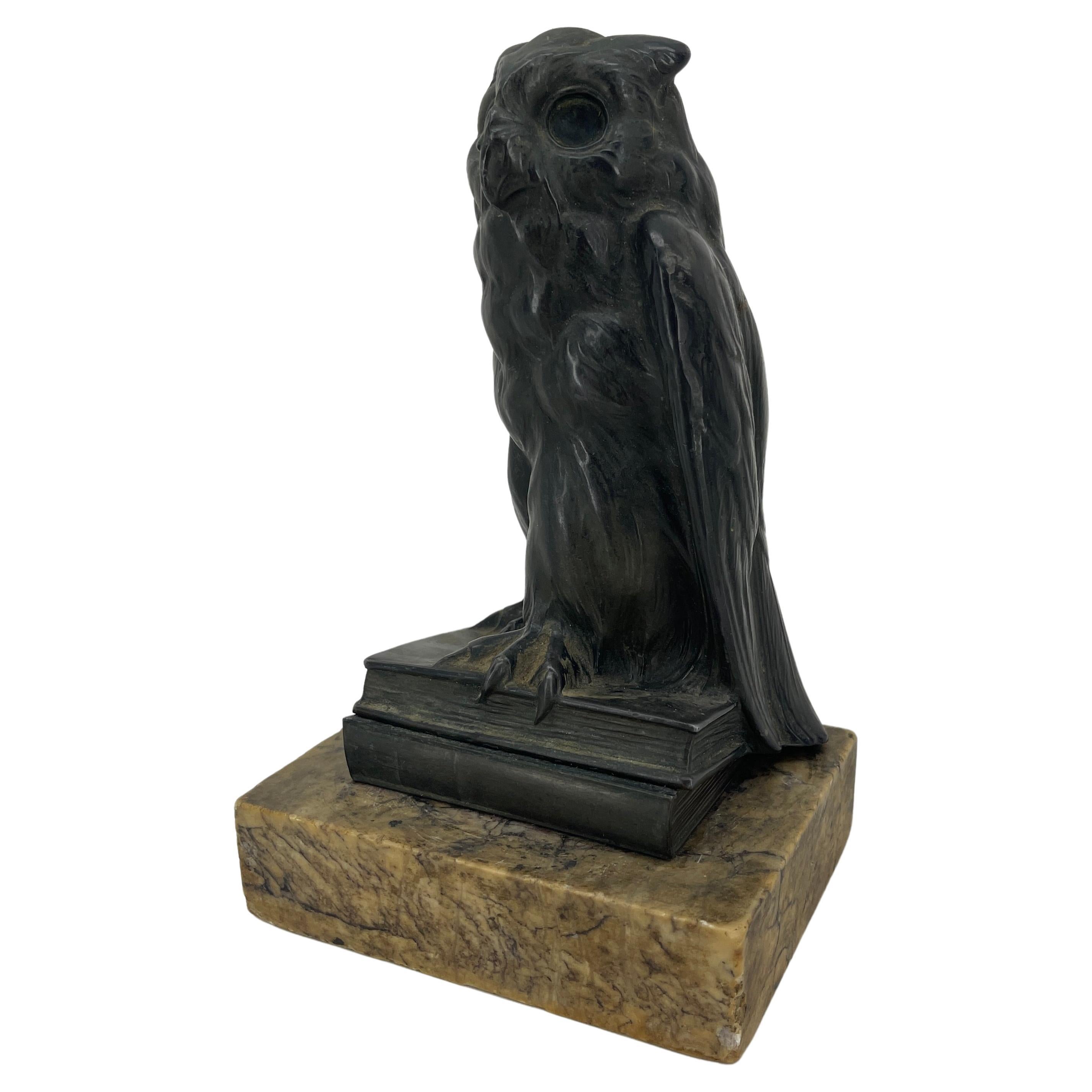 20th Century Early 1920s Bronze Owl on Books Bookend on the Marble Stand