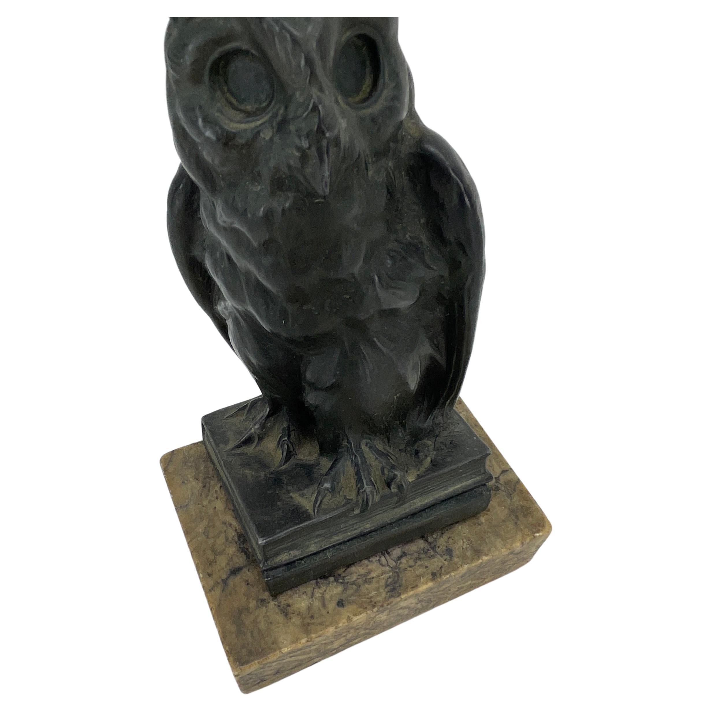 Early 1920s Bronze Owl on Books Bookend on the Marble Stand 1