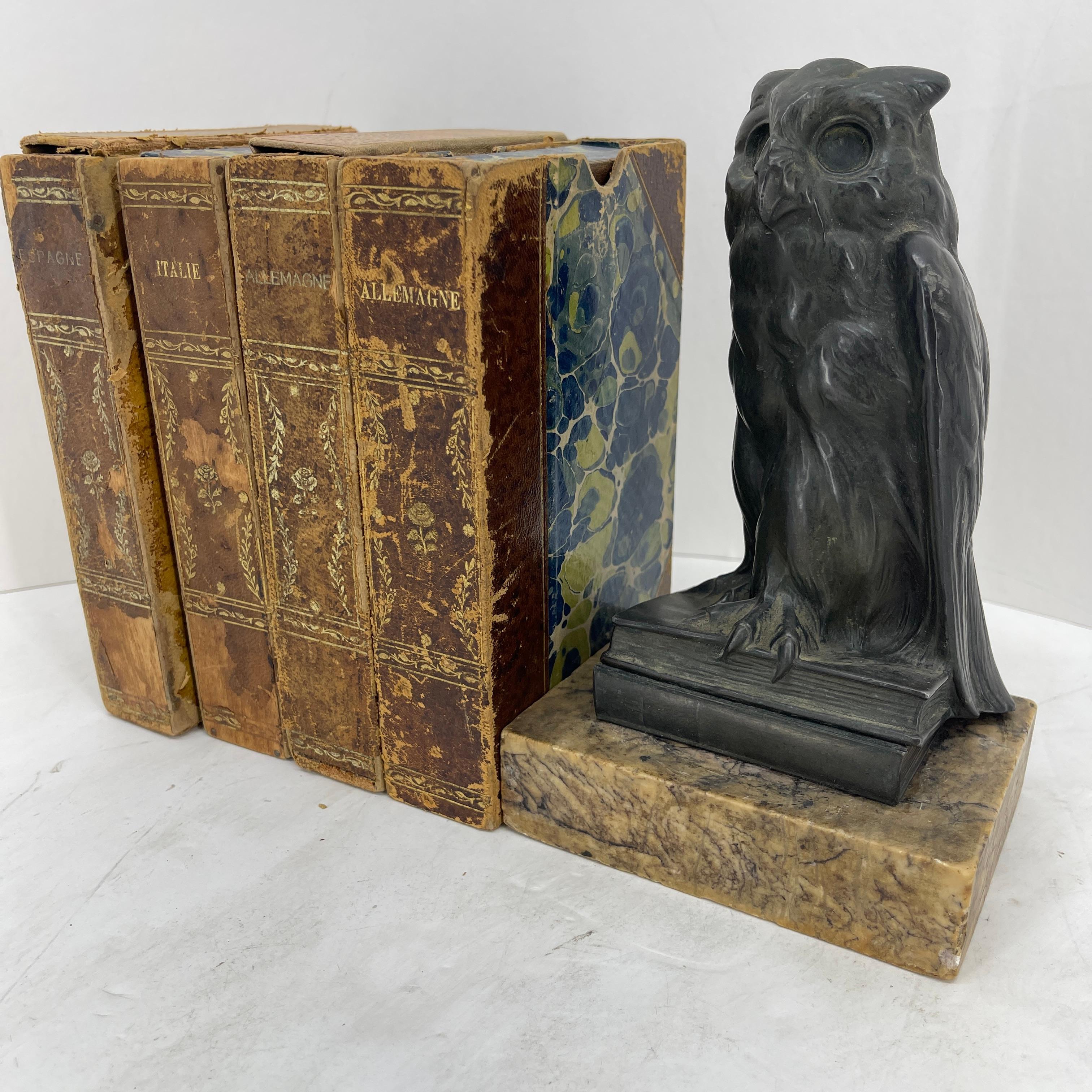 Early 1920s Bronze Owl on Books Bookend on the Marble Stand 2