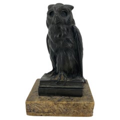 Early 1920s Bronze Owl on Books Bookend on the Marble Stand