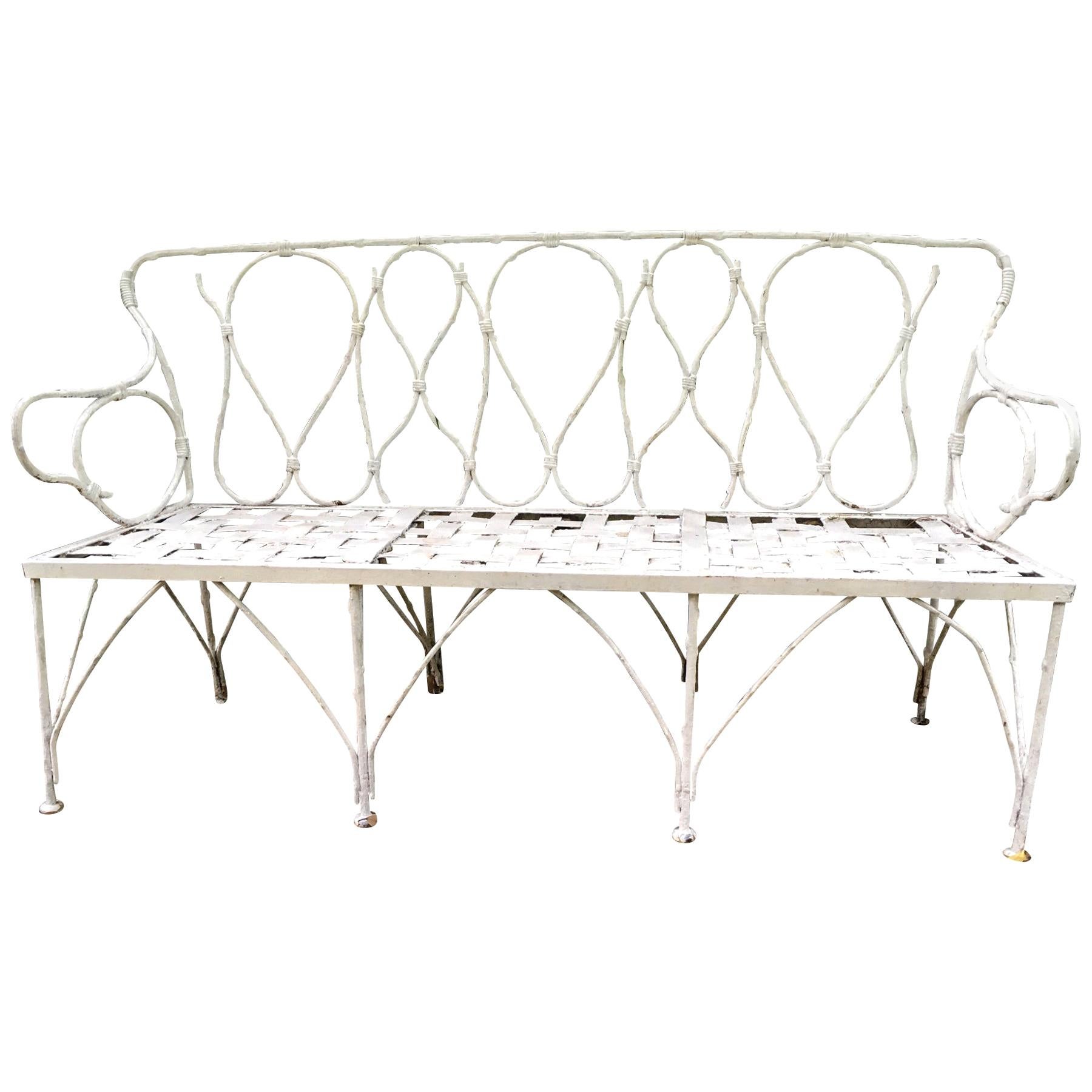 Early 1920s French Faux Bamboo Wrought Iron Garden Bench For Sale