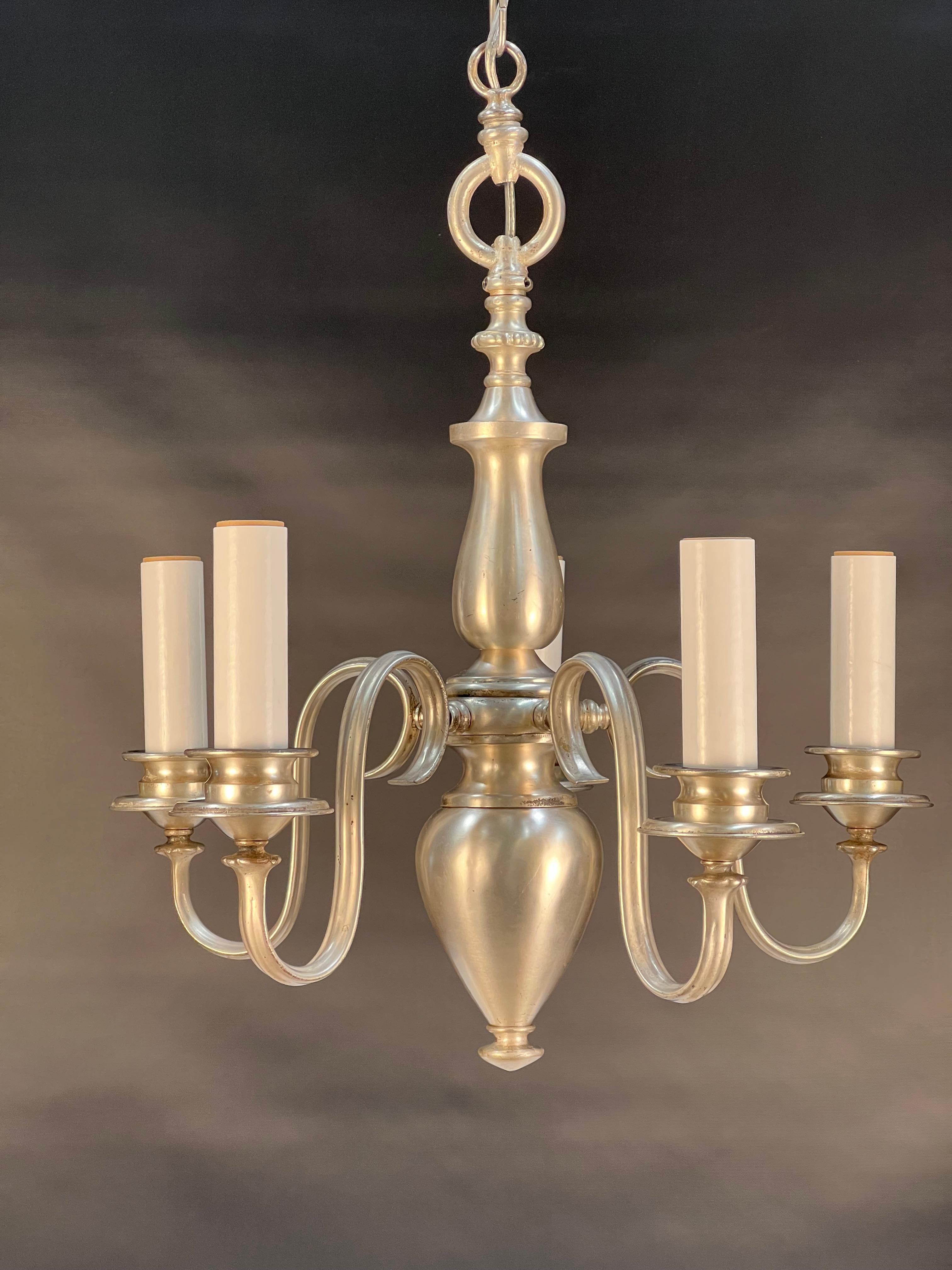 American Early 1920's Silvered Brass Five Arm Chandelier For Sale