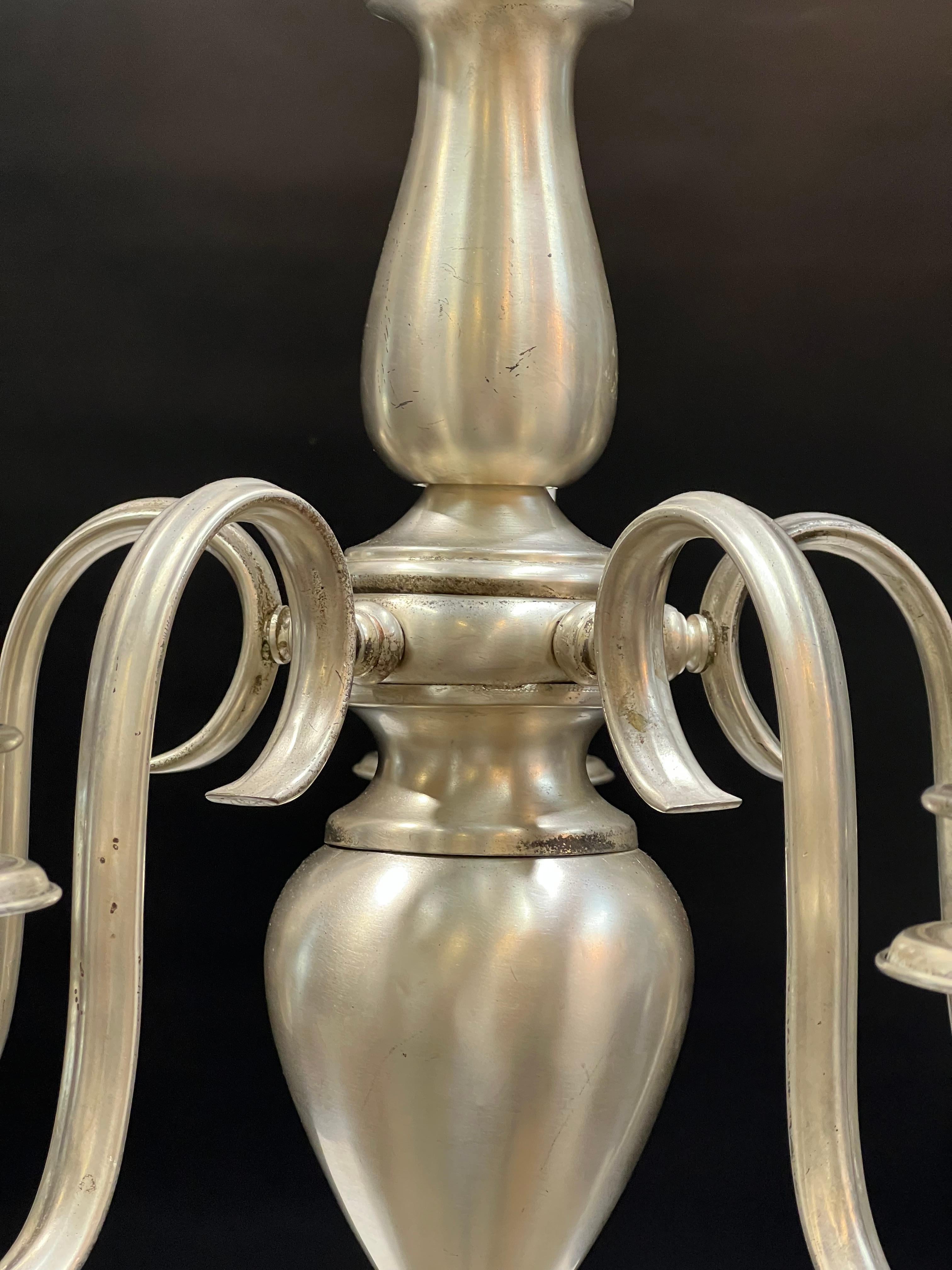 Early 1920's Silvered Brass Five Arm Chandelier In Good Condition For Sale In Denver, CO