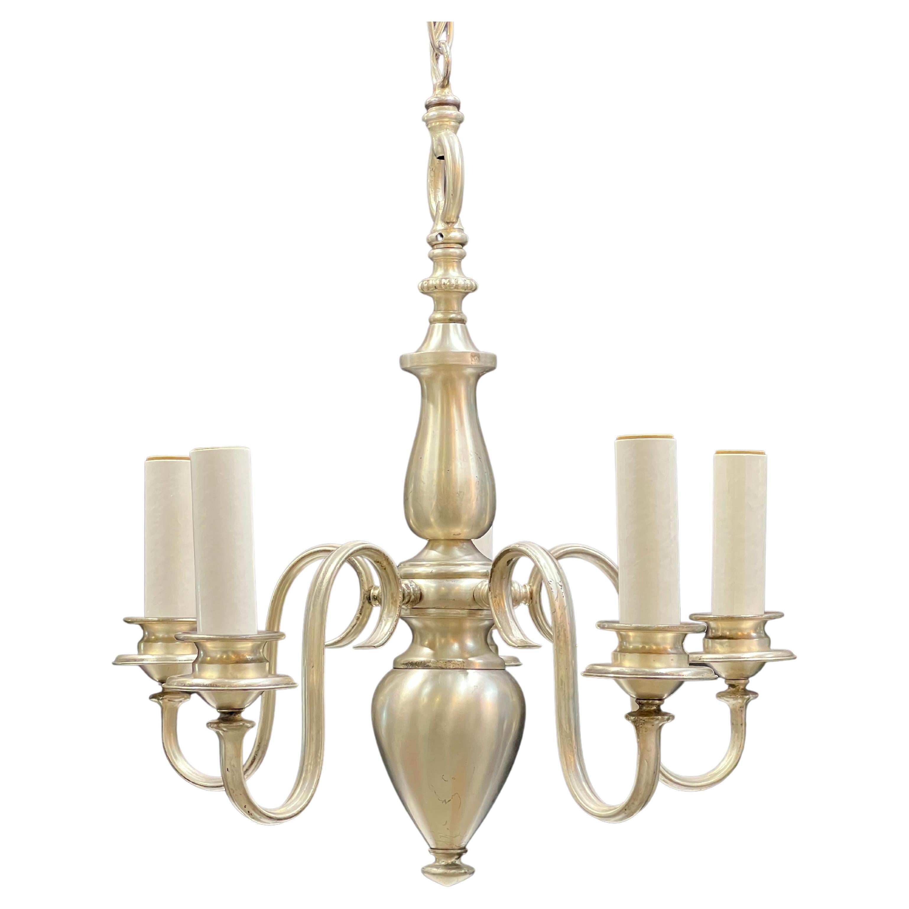 Early 1920's Silvered Brass Five Arm Chandelier For Sale