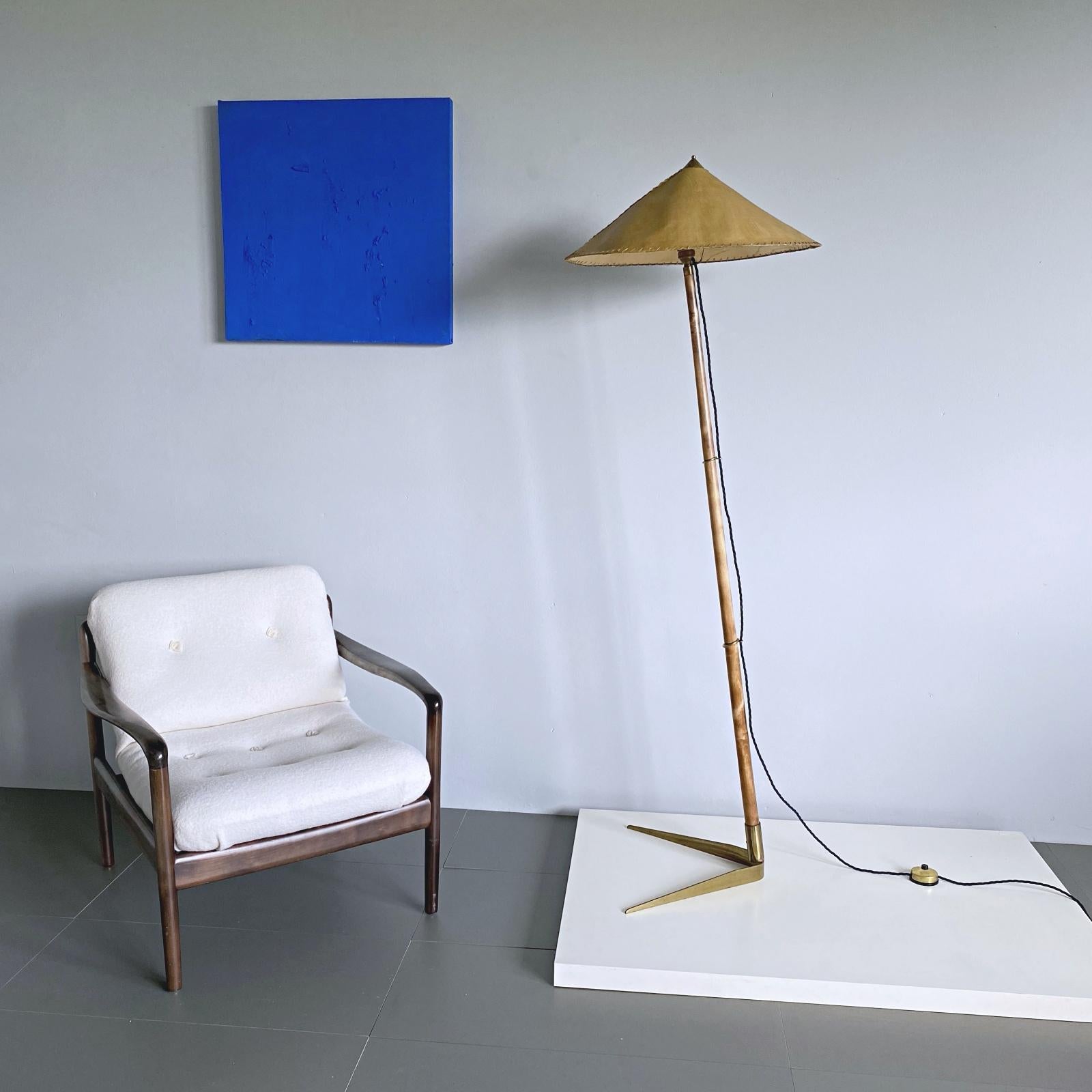 - Rare model - Simple and elegant midcentury floor lamp manufactured by Rupert Nikoll in Vienna. The lamp is made of solid brass feet and applewood stick. The original 1930s shade provides a smooth large-area light. The lamp is in excellent