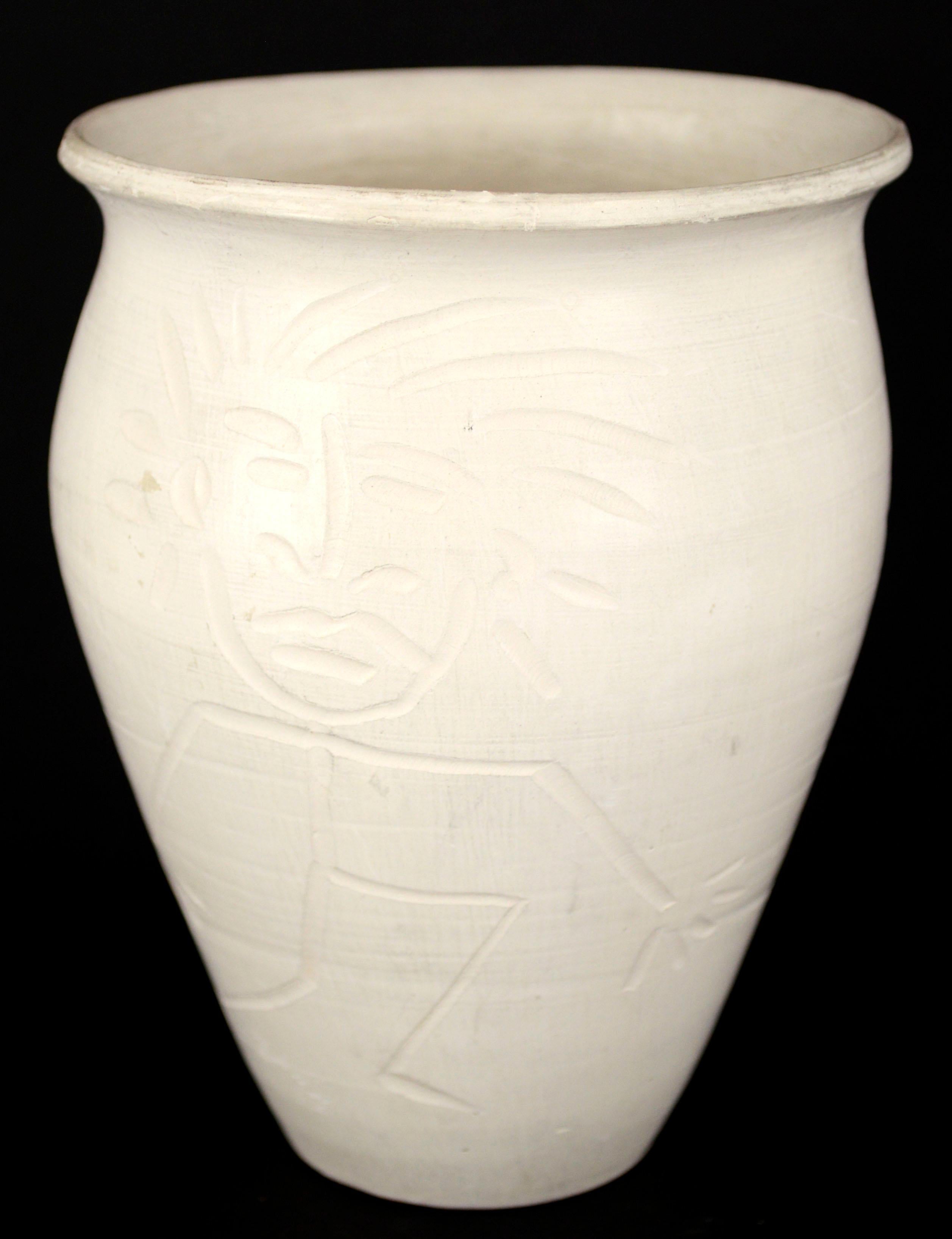 Organic Modern Early 1940s Abstract White Matte Pottery Vase with Figure For Sale