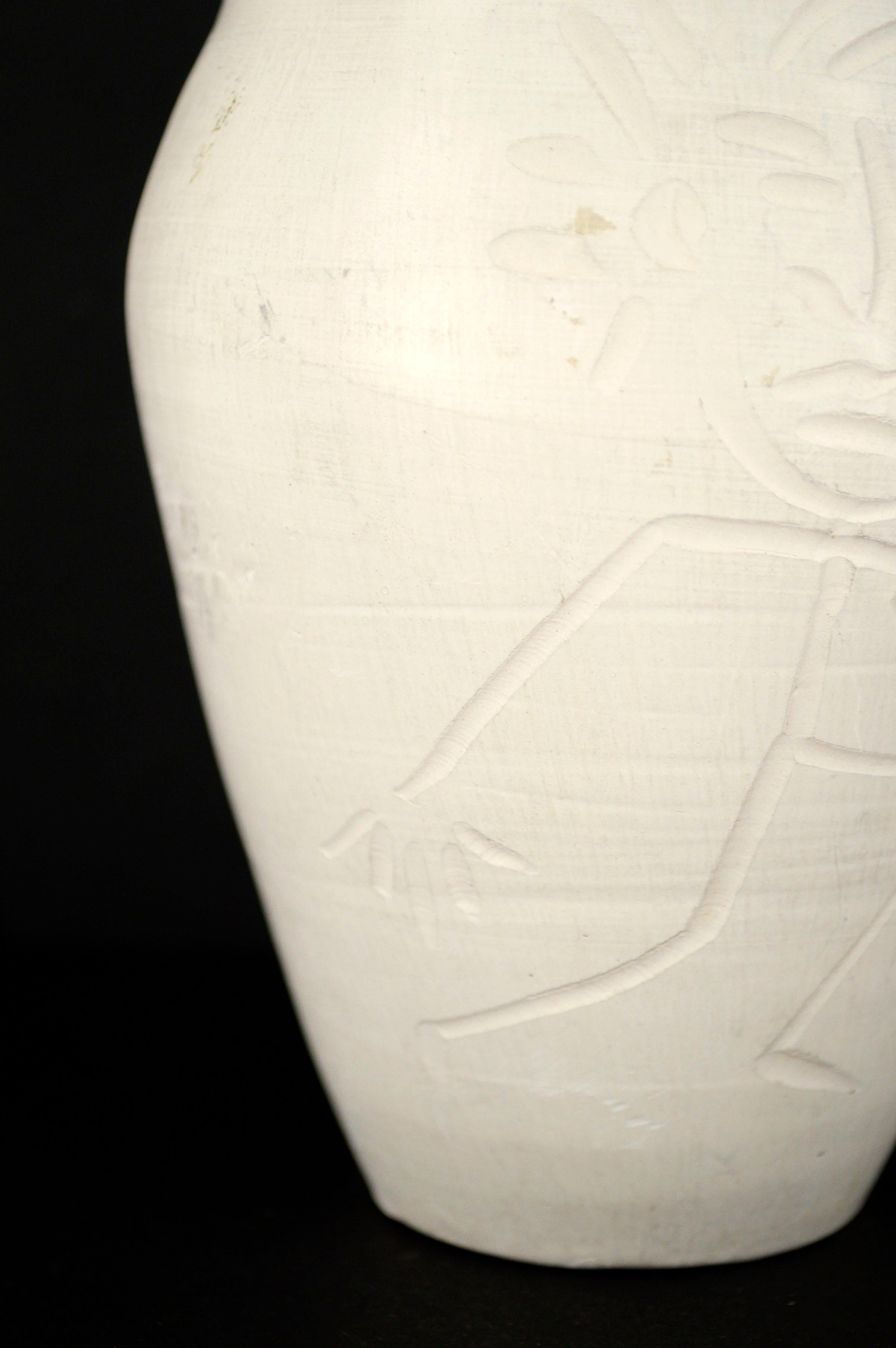 Hand-Carved Early 1940s Abstract White Matte Pottery Vase with Figure For Sale