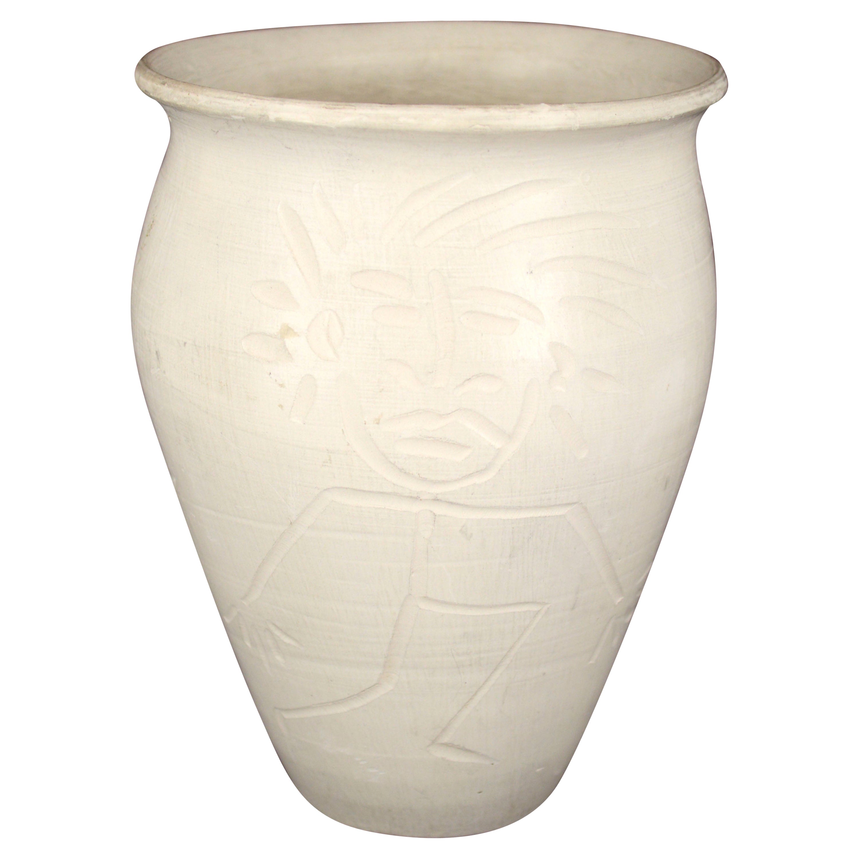 Early 1940s Abstract White Matte Pottery Vase with Figure