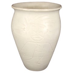 Early 1940s Abstract White Matte Pottery Vase with Figure