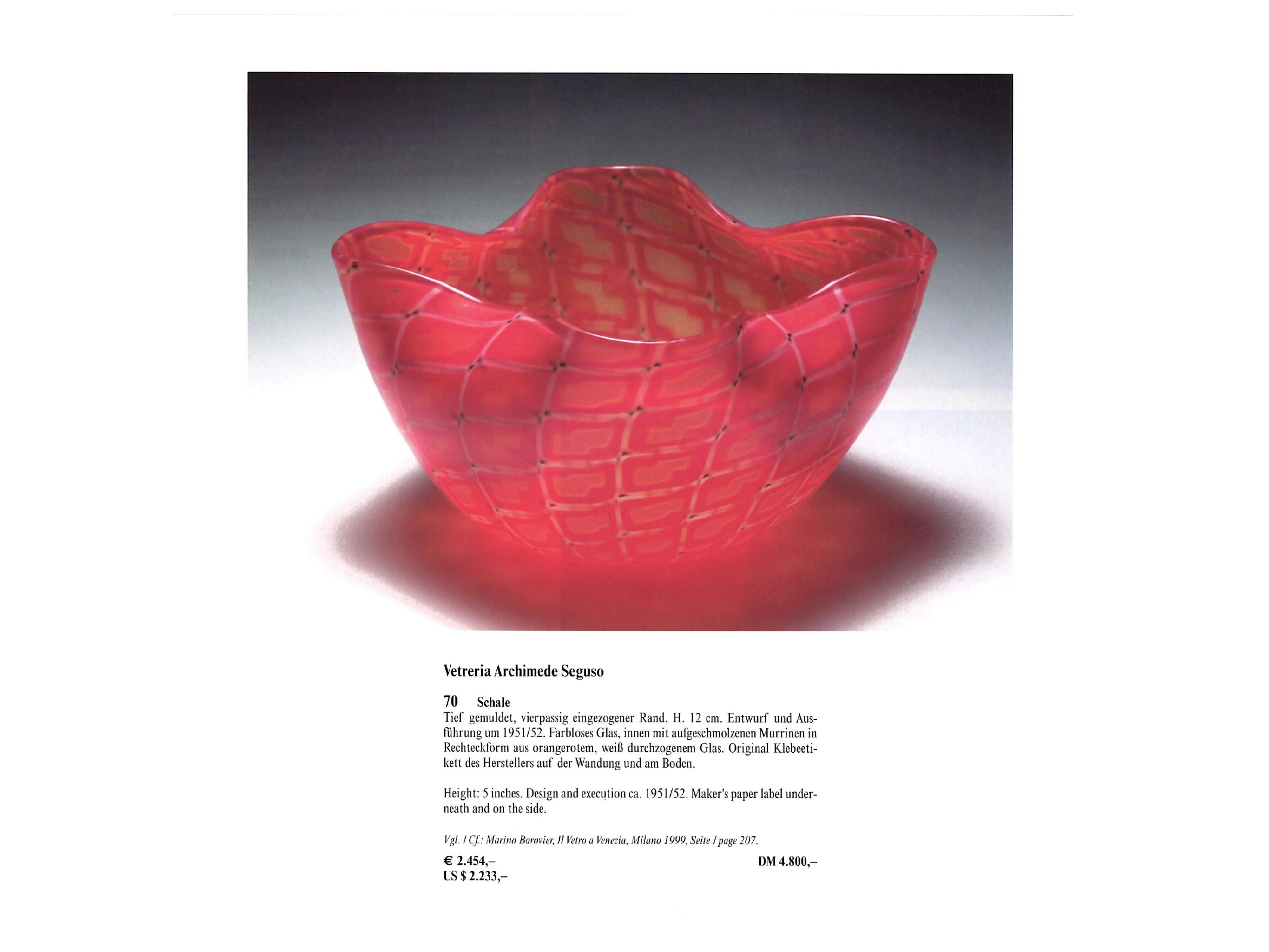 Early 1950s ARCHIMEDE SEGUSO Venice Italy MURANO GLASS Bowl LOSANGHE Series For Sale 1