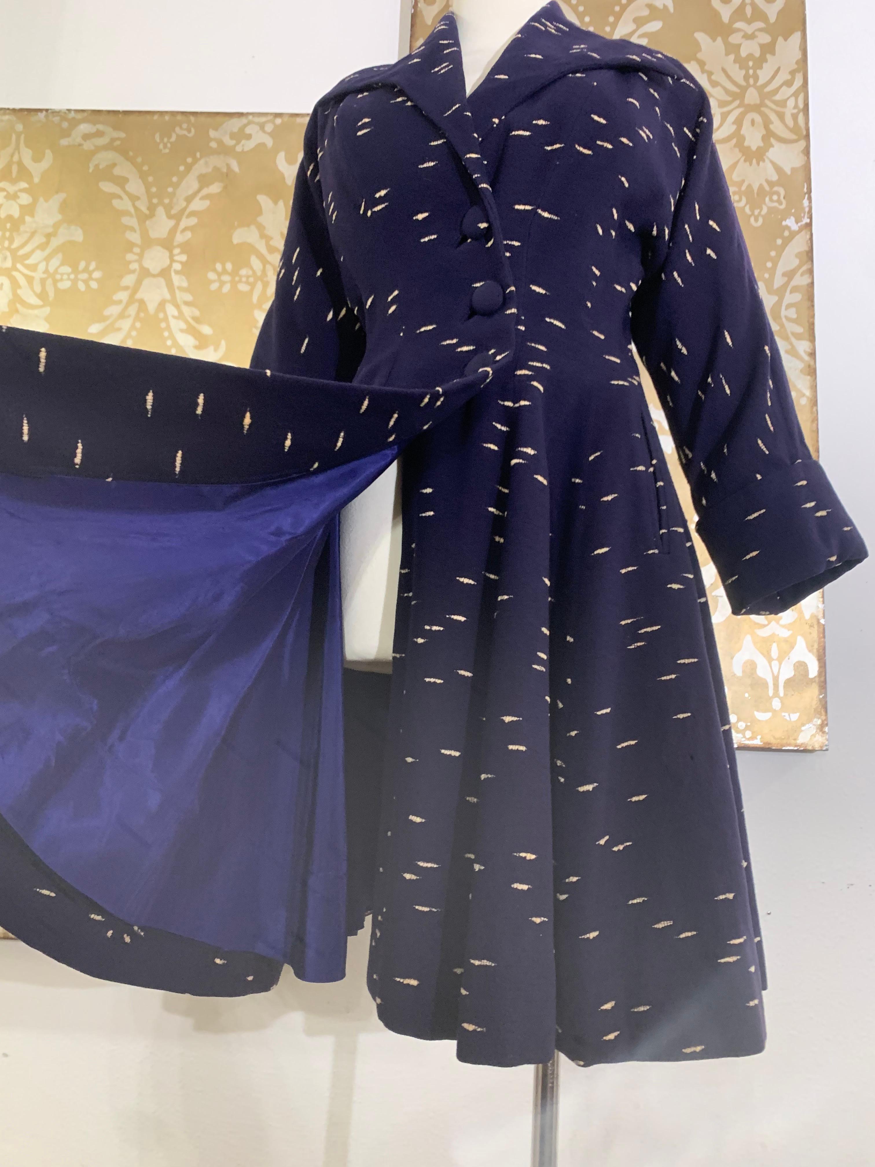 Early 1950s Lilli Ann Navy Wool/Cashmere Fit & Flare Coat w Large Collar & Cuffs 7
