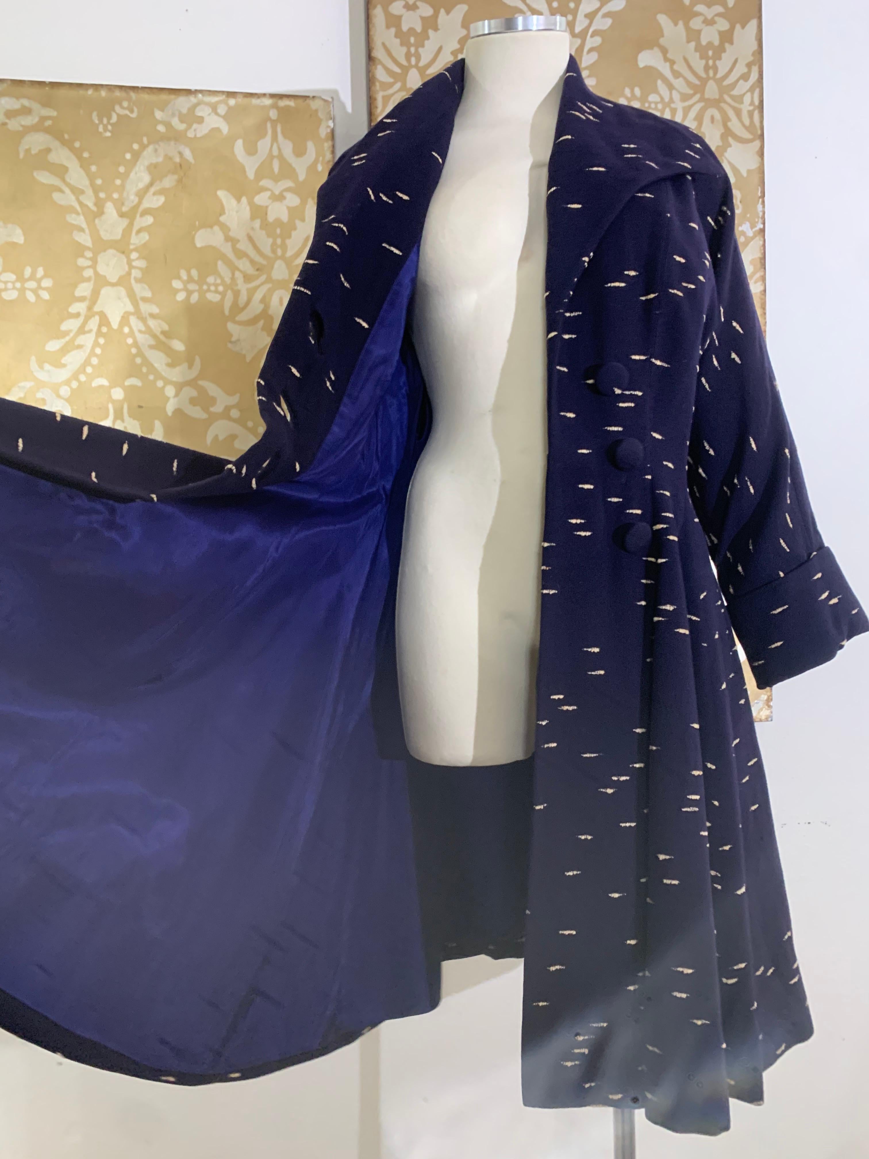 Early 1950s Lilli Ann Navy Wool/Cashmere Fit & Flare Coat w Large Collar & Cuffs 9